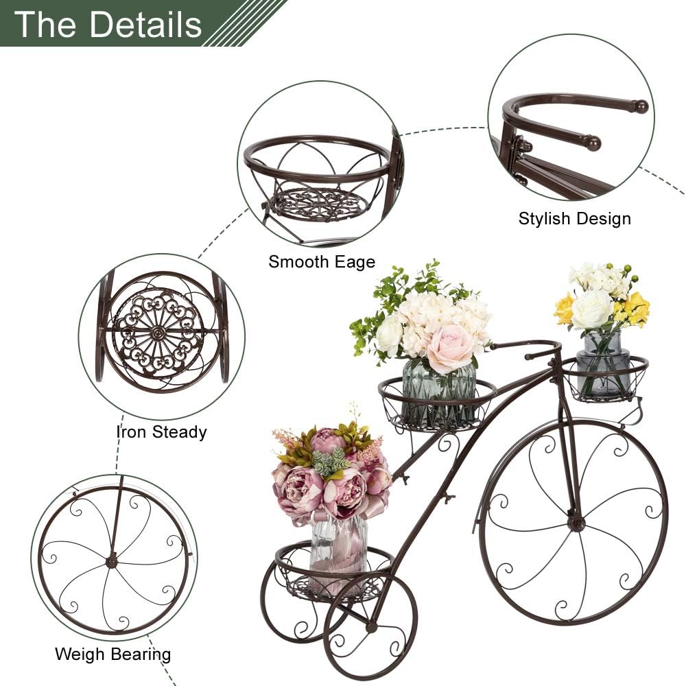 VINGLI Tricycle Plant Stand, Flower Pot Cart Holder Patio Stand Holder Outdoor Displaying Plants Flowers (Bronze)