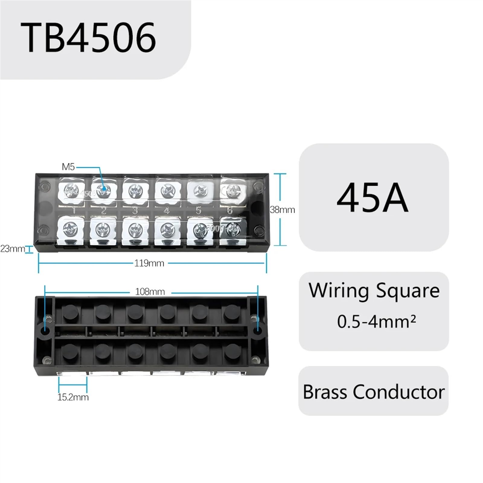 Ximengyuan 1 Piece TB45 Barrier Terminal Block TB Series Wire Connector 600V 45A 3/4/6/8/10/12 Positions Screw Connection Connector (Color : TB4506)
