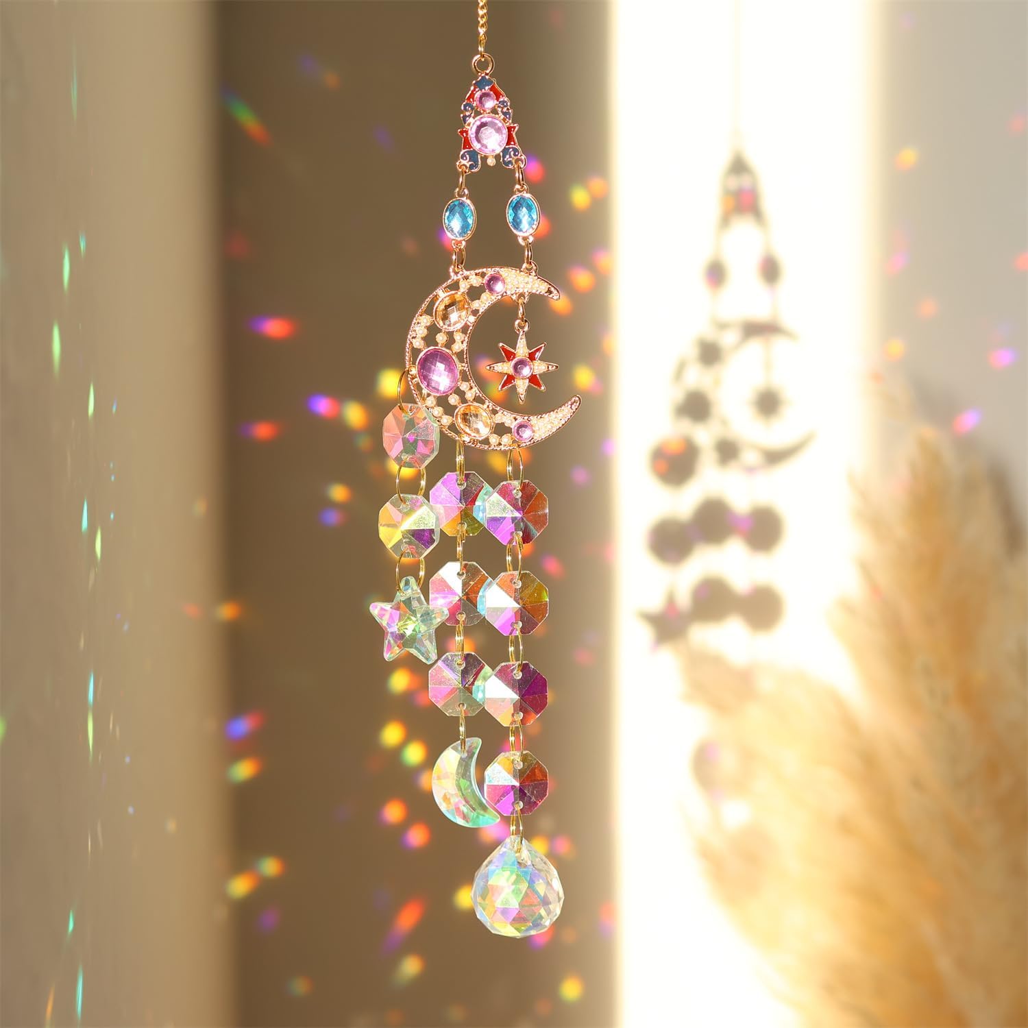 Suncatcher Hanging, Sun Catcher Moon Design, Rain Chain for Home for Garden Decor, Beautiful and Elegant Suncatcher Outdoor Decorative Sunlight Reflective Accent