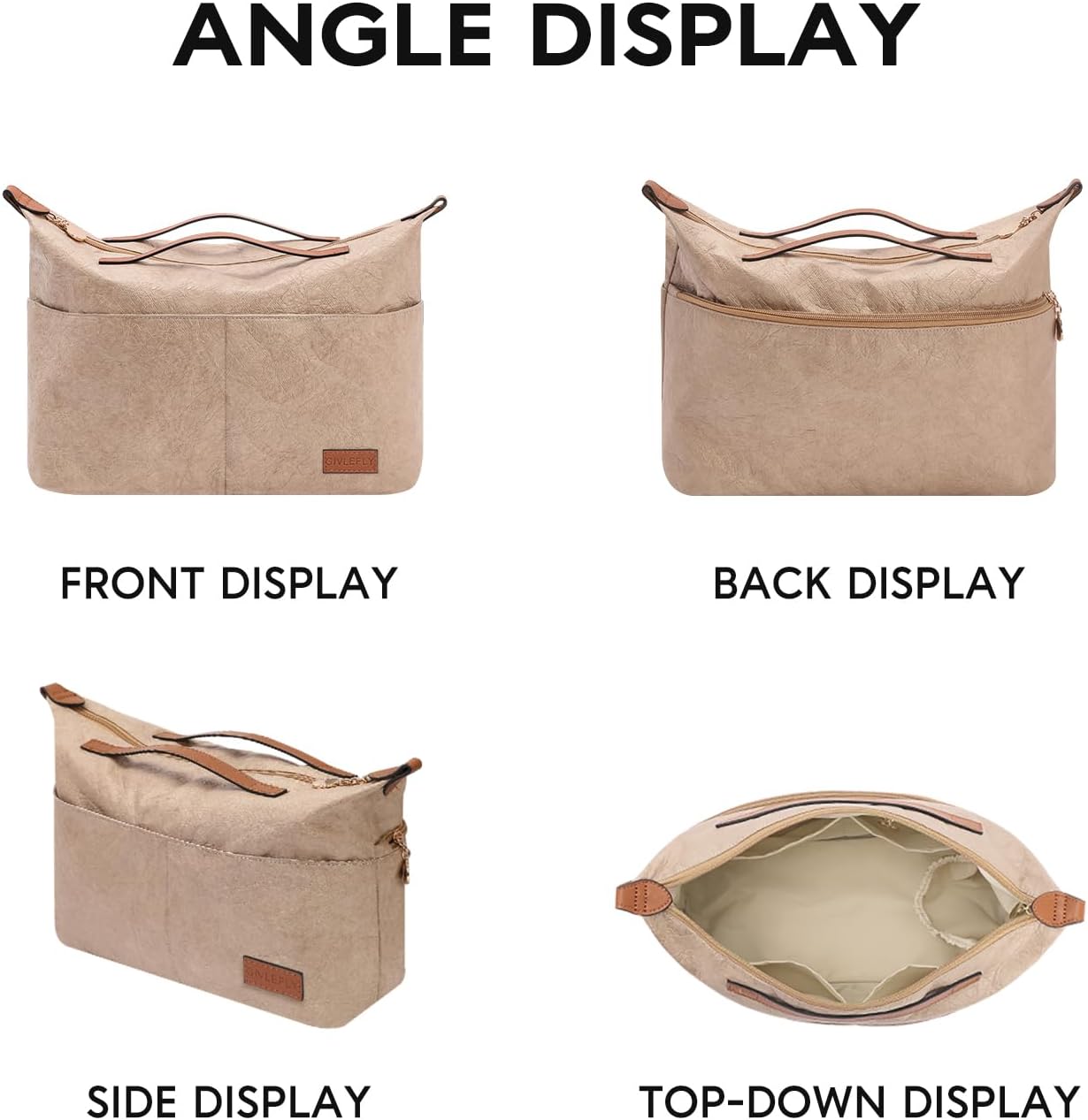 GIVLEFLY Large Purse Organizer Insert with Zipper, Lightweight Handbag Organizer Insert with Handle, Multiple Pockets for Small Items, Bag Organizer Insert for Tote & Handbags，Light Khaki