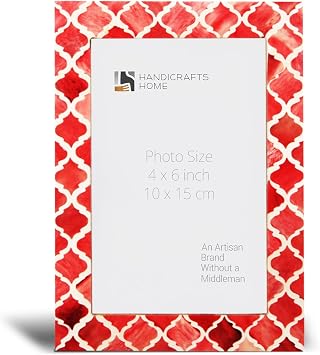 Handicrafts Home 4x6 Red Picture Frame, Handcrafted Bone & Resin Inlay Photo Frame for Tabletop or Wall Display, Moroccan Vintage Picture Frame for Family Photos & Home Decor