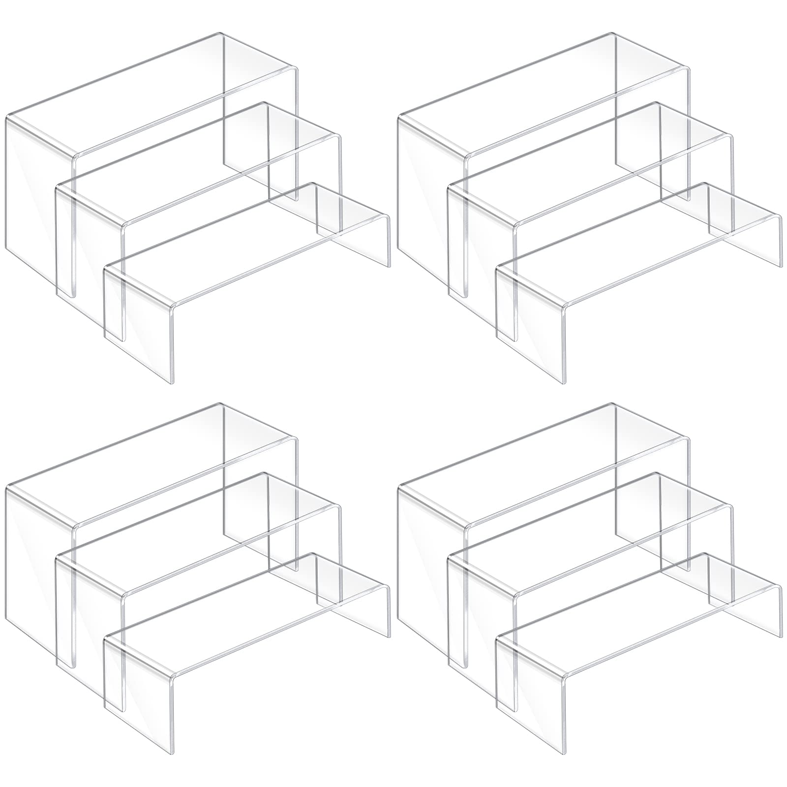 12 Pieces Clear Acrylic Display Risers 3-Tier Risers Stands Jewelry Display Riser Shelf for Pop Figures, Dessert, Jewelry (8.6x4.3 inch, 8.26x2.75 inch, 7.5x1.2 inch)
