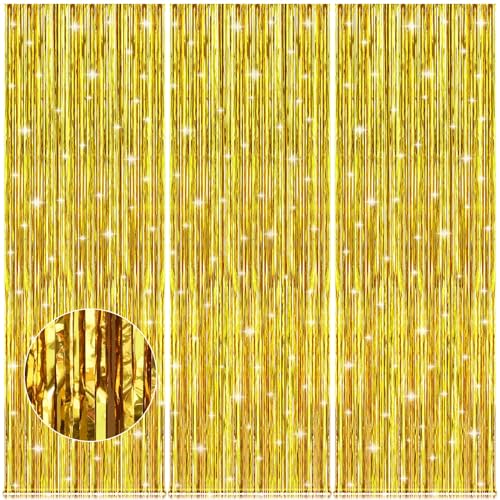 Accevo Lametta Vorhang Gold Geburtstagsdeko,3 Stück 1x2.5M Luftschlangen BabyShower Geburtstag Deko Glänzende Girlande Geburtstag,Fringe Luftschlangen als Party Deko Weihnachtsdeko Halloween Deko.