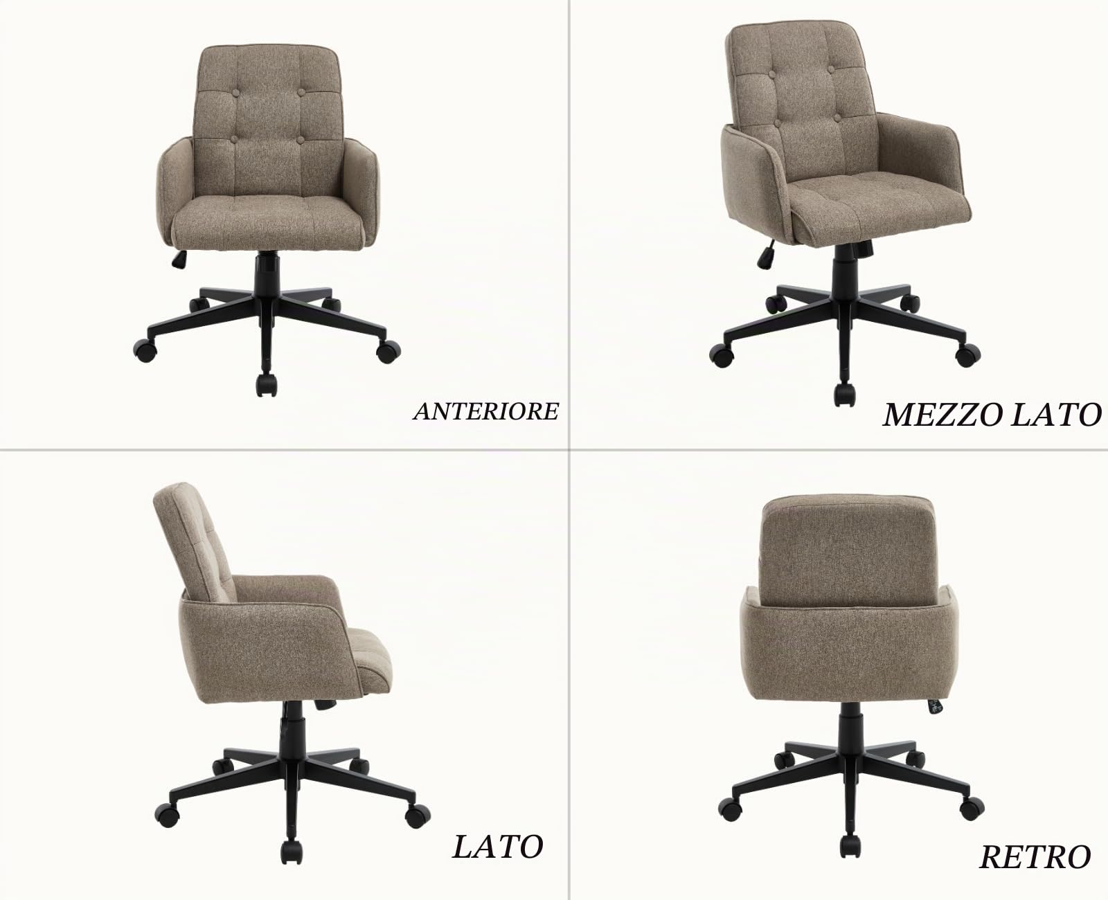 chairus Sedia da Ufficio Girevole con Ruote in Lino, Marrone | Sedie per Scrivania con Schienale Trapuntato Sedia Ufficio Altezza Regolabile con Braccioli per Ufficio/Studio/Trucco
