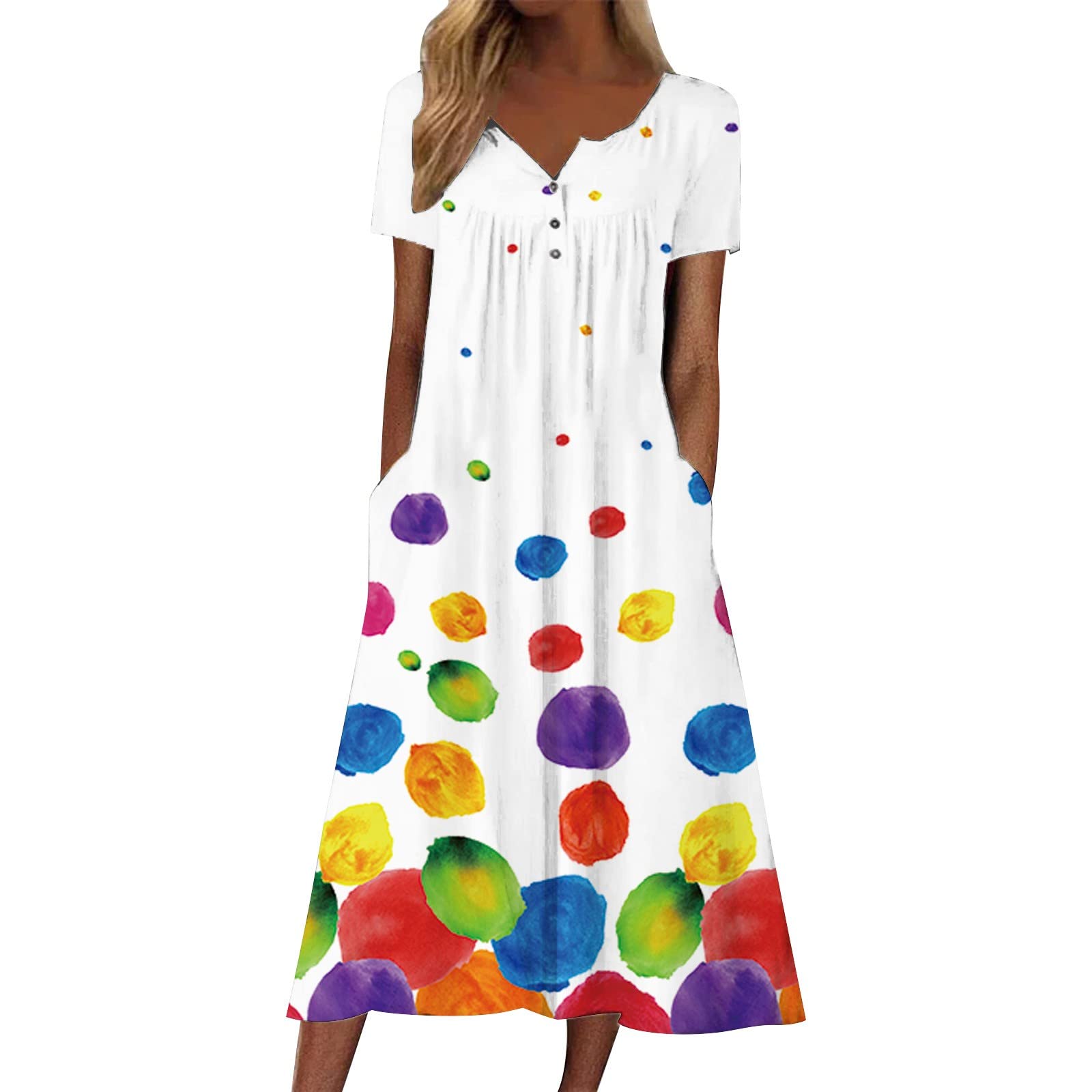 VEMOW Mujer Casual Verano Botón Cuello en V Manga Corta Bolsillo Vestido Largo Vestido de Vacaciones Floral Sundress Midi Dress Vestido Elegantes Mujer Negros