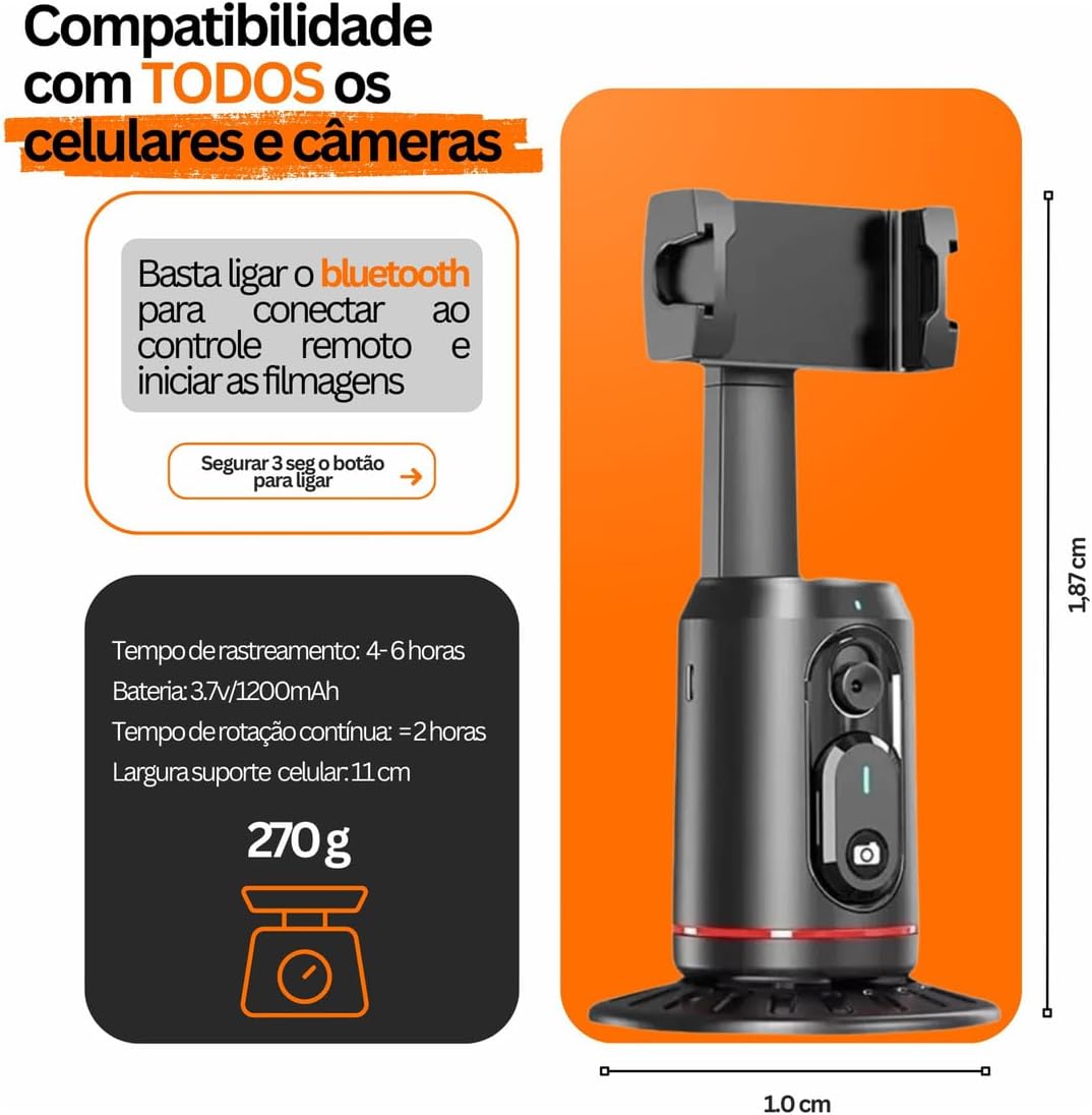 Suporte Celular com Rastreamento Automático de Movimento e Rosto, Rotação de 360° Automática, Segue Seus Movimentos, Tripé Estabilizador Celular Câmera Inteligentecom, Com Controle Remoto, Lives