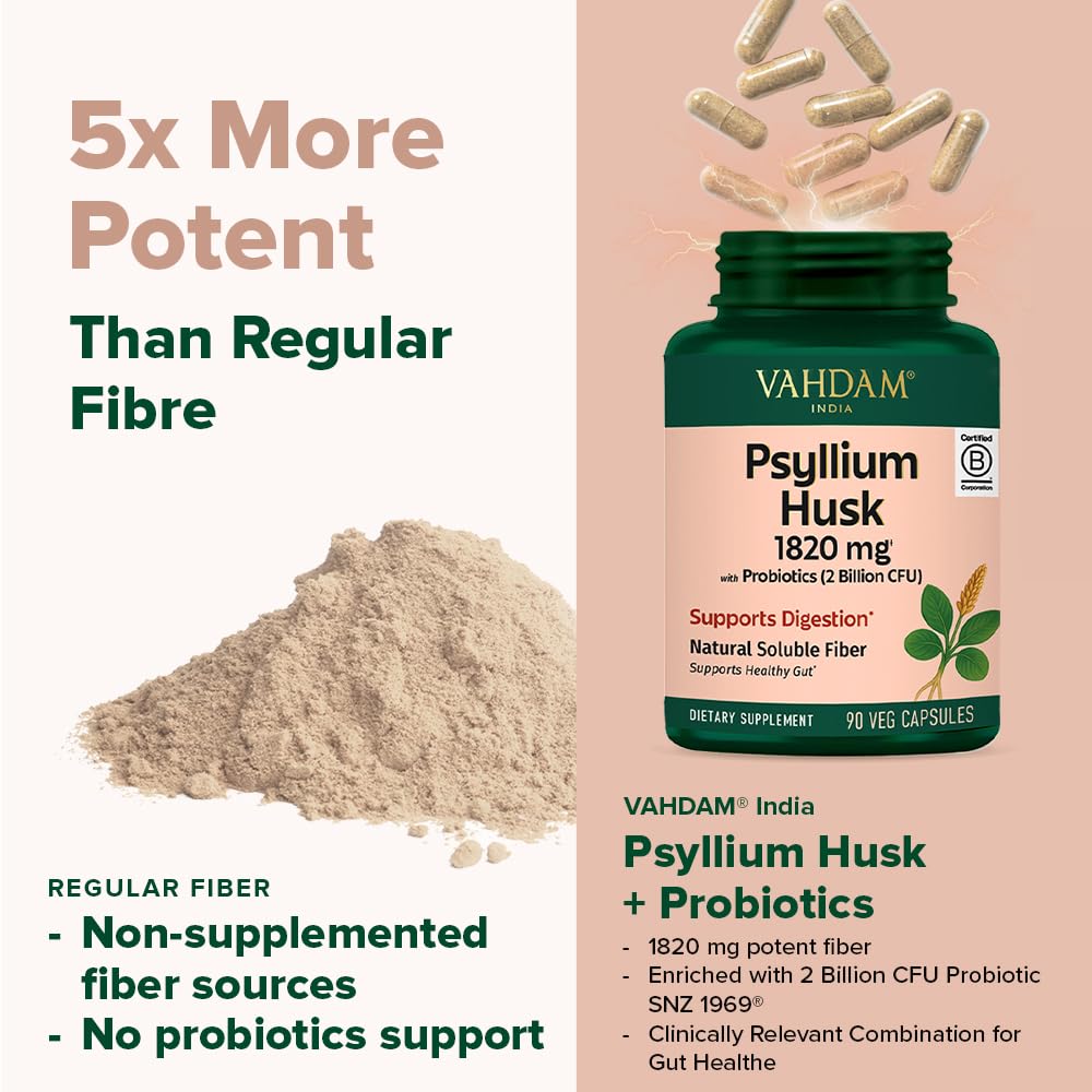 VAHDAM Psyllium Husk Capsules 1800 mg with Probiotics (2 Billion CFU) | Supports Digestion & Gut Health | 90 Veggie Capsules - Image 4