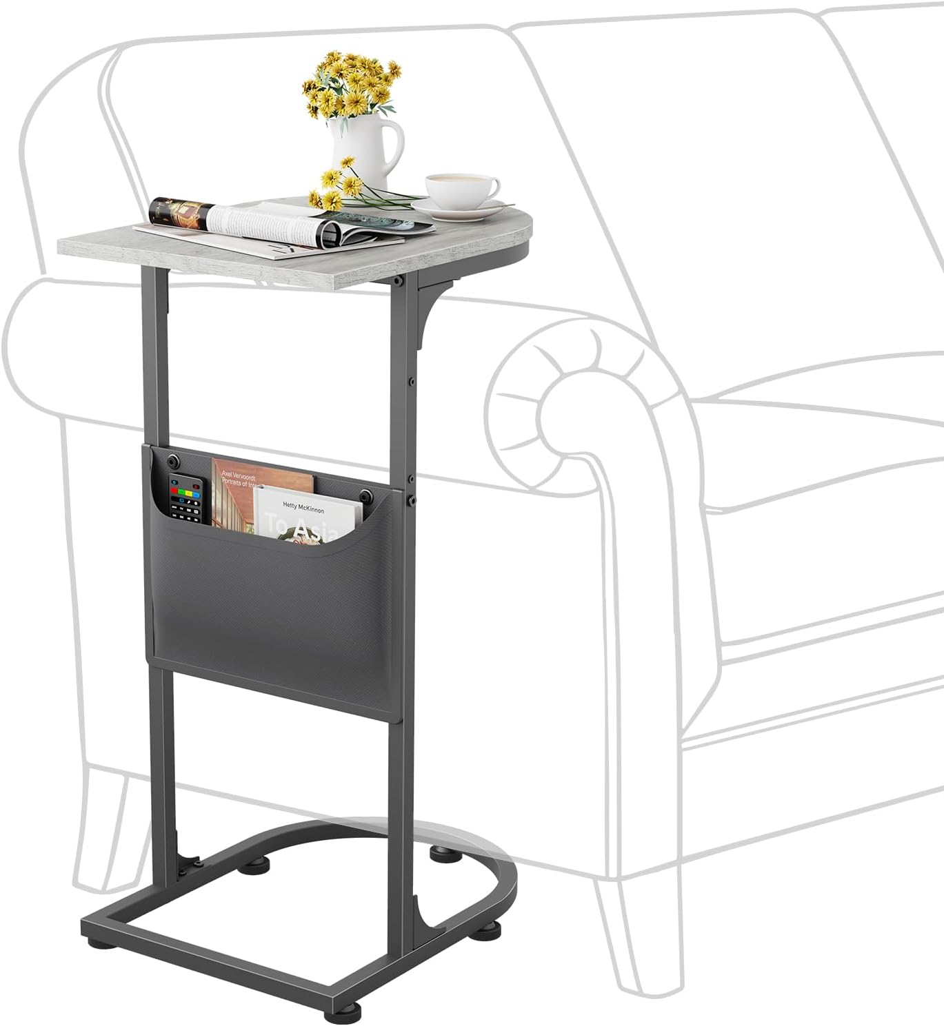 C Shaped End Table, Small Side Table for Couch, C Table for Sofa with Storage Bag that Slide Under, TV Tray Tables for Recliner Living Room Bedside Bedroom Small Spaces Greige