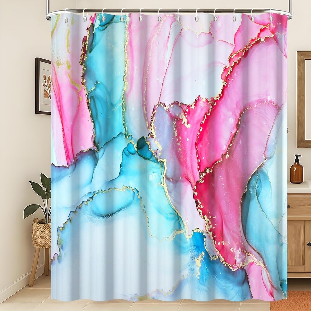 Xiaoterna Blue and Pink Gold Dots Marble Shower Curtain Modern Concise Waterproof Bathroom Curtain Abstract Contemporary Aesthetic Washable Mildew Resistant Polyester Bathroom Decoration 105x160cm โ image 1