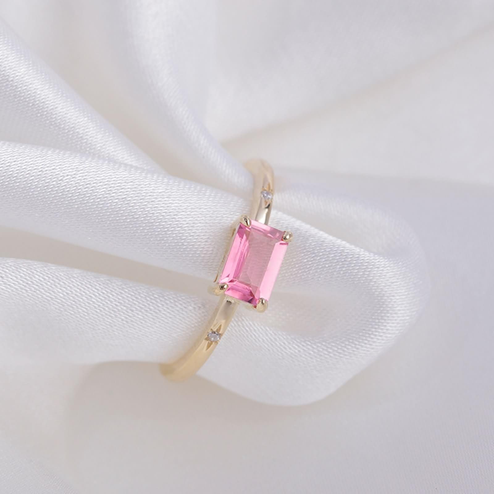 Anillos de Compromiso de Mujer Rectángulo con Turmalina Creada y Moissanita, Anillo de Matrimonio Oro Amarillo 9K/14K/18K de Mujer, Oro