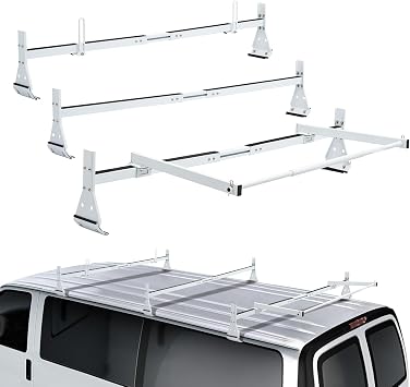 Universal Van Ladder Roof Racks with Rear Roller & Without Roller, 3 Bars Adjustable Length Matte Coating Van Rack with Ladder Stoppers, Vans with Rain Gutter