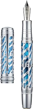 HONG DIAN A6 Piston Fountain Pen Extra Fine Soft Nib, Silver Blue Hollow Skeleton & Resin Pen with Metal Case Set