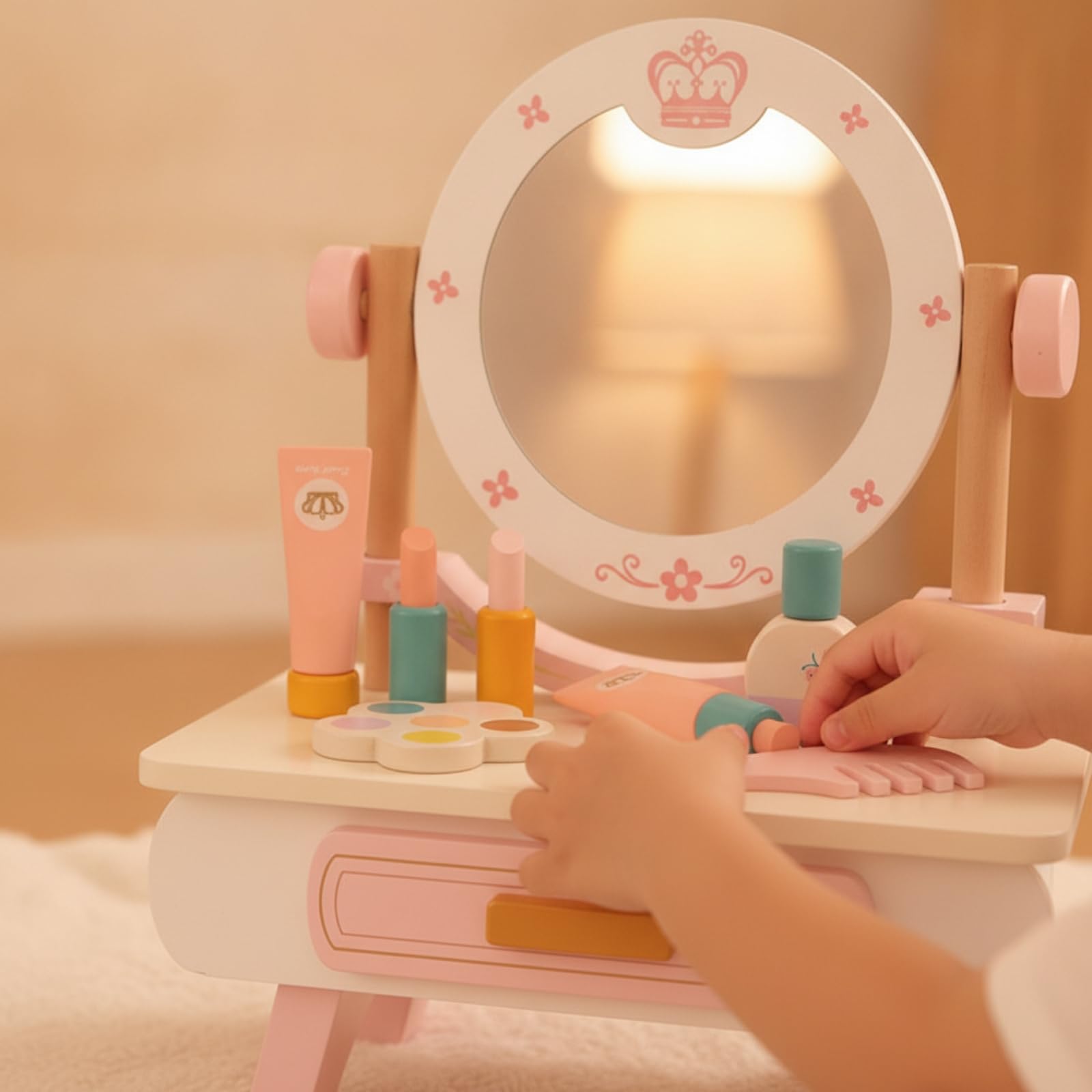Tocador Infantil con Espejo Seguro Tocador con Cajón Irrompible Mesa Maquillaje para Niñas, Tocador De Madera Clásico con Espejo Redondo Y Cajón, Diseño De Juguete De Simulación para Niñas