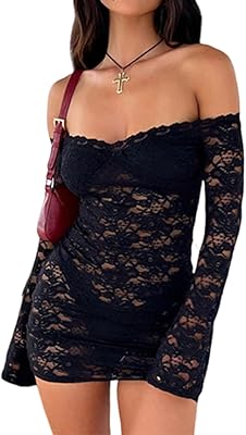 black front lace up dress Black Floral Lace Long Sleeve Ruffle Hem Mini Dress