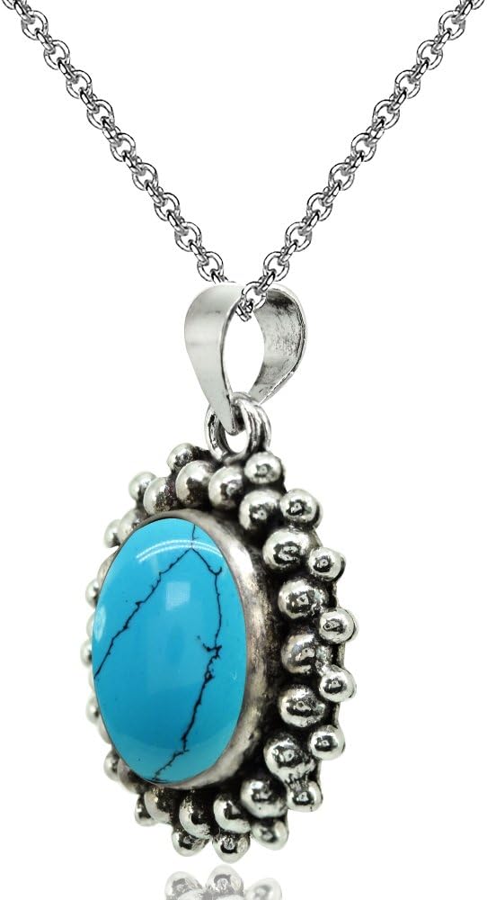 Sterling Silver Simulated Gemstone Oval Bezel-Set Oxidized Bali Bead Pendant Necklace - Image 2