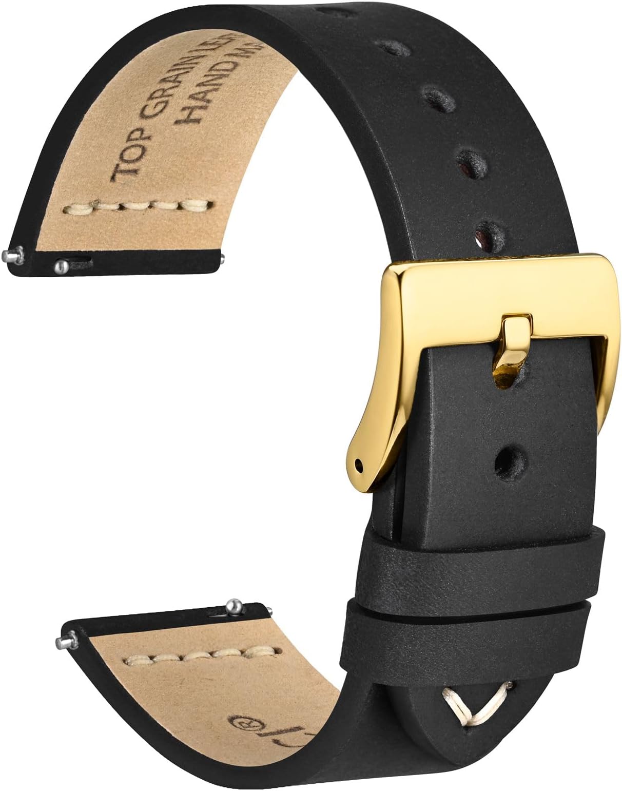 WOCCI 22mm Old-fashioned Watch Band for Men, Top Grain Leather, Golden Polished Buckle (Black)