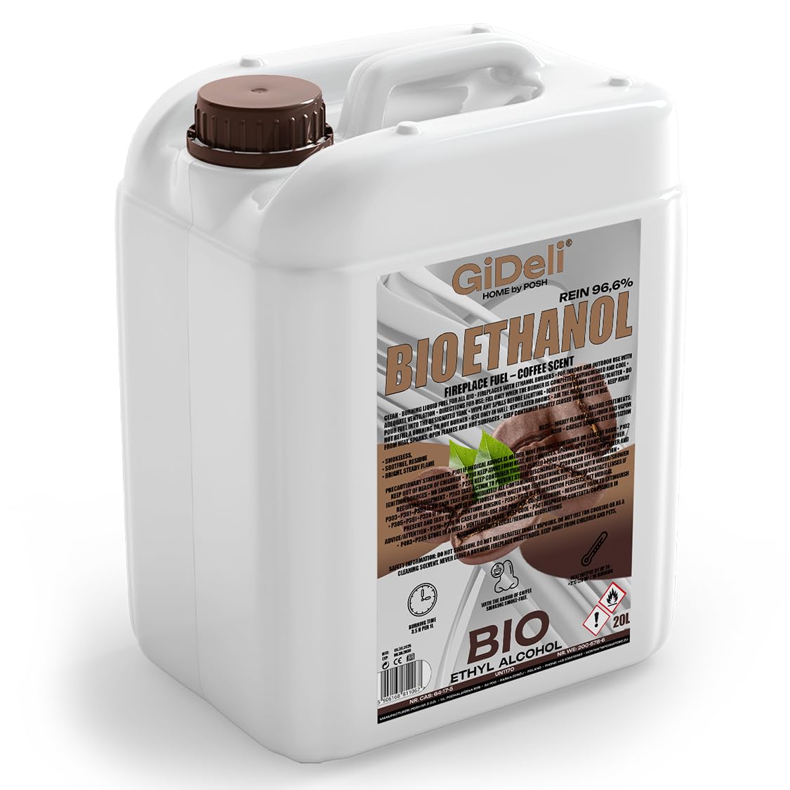 GiDeli Bioetanolo 20 l profumo di caffè 96,6% etanolo per camini interni ed esterni, senza fumo e fuliggine, da mais e barbabietola da zucchero