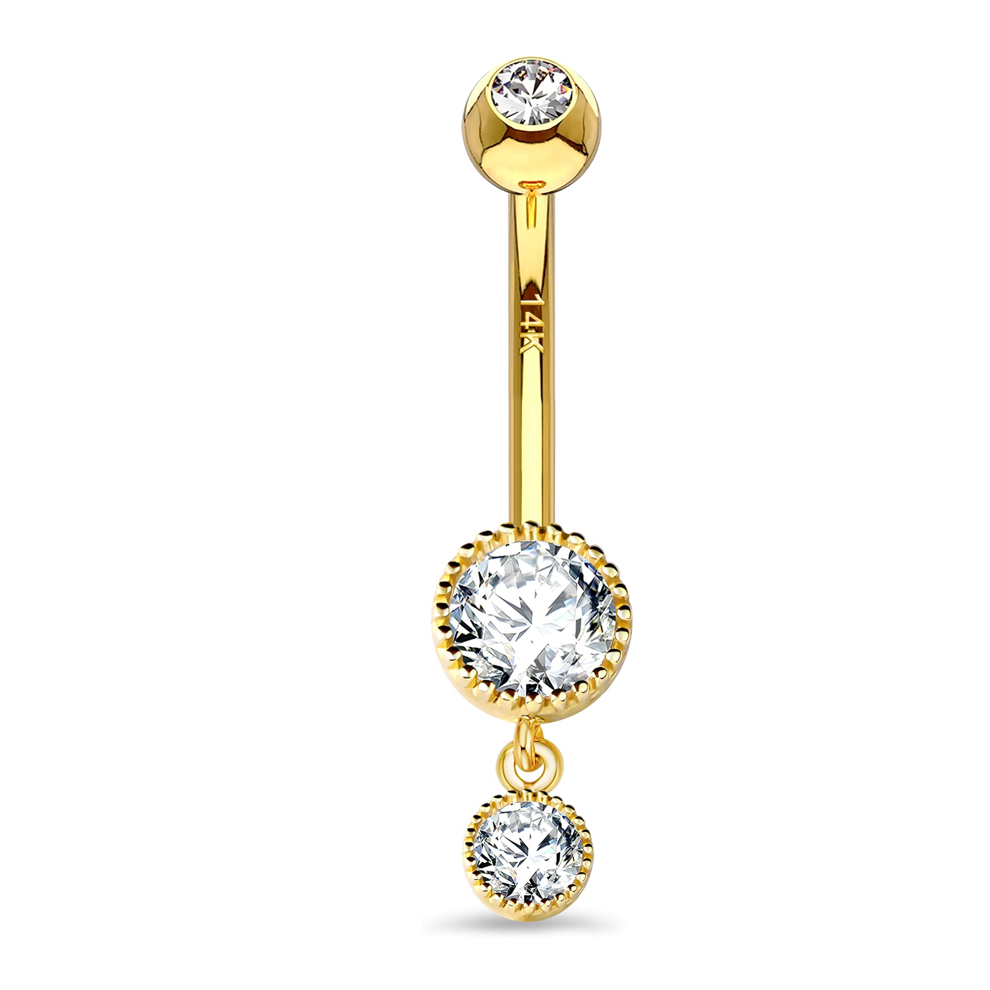 OUFER Body Piercing Belly Button Bars 14G Navel Bar 14K Solid Gold Double Round Clear CZ Belly Bars Navel Piercing Jewellery