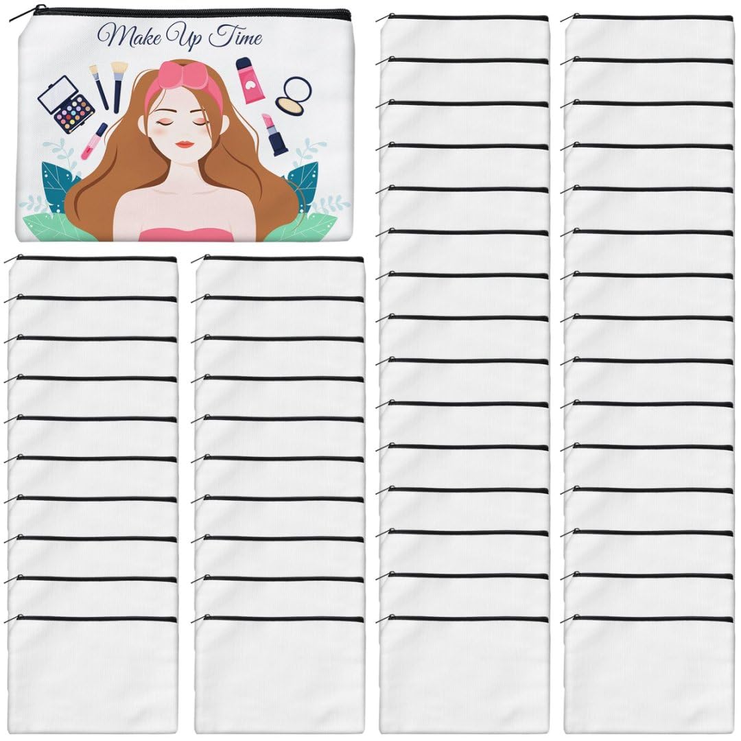 AMDAILY 50Pcs Sublimation Blank Canvas Makeup Bags, Bulk Blank DIY Heat Transfer Cosmetic Makeup Bags w/Black Zipper Gift Box for Bridesmaid Makeup