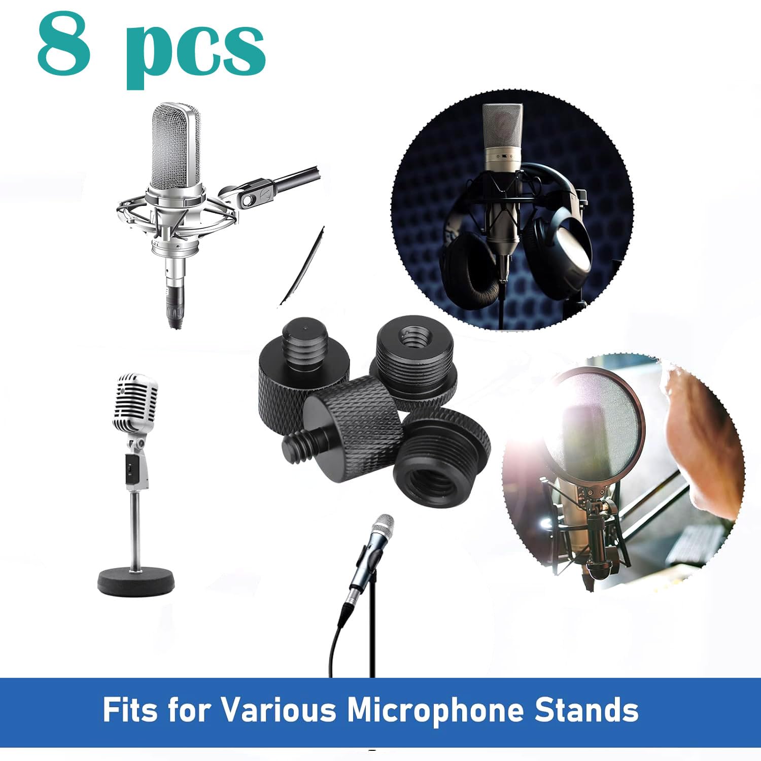 Mic Stand Adapter 5/8 Female to 3/8 Male and 3/8 Female to 5/8 Male, 5/8 Female to 1/4 Male and 1/4 Female to 5/8 Male Screw Thread Adapter Mic Thread Adapter Kit for Microphone, 8 Pieces