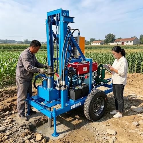Water Well Drilling Rig, Wheeled Mobile Deep Well Drilling Machine 100M Borehole Drill Equipped Electric Start Self Priming Pump for Rural Water Supply Farm Irrigation Household Well Drilling Works