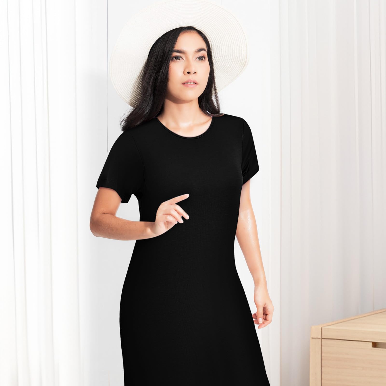 Garneck Camisón de Mujer de Manga Corta, Cuello Redondo, Holgado | Fibra Sintética Transpirable, Negro, Cómodo para Casa y Descanso, Talla Grande