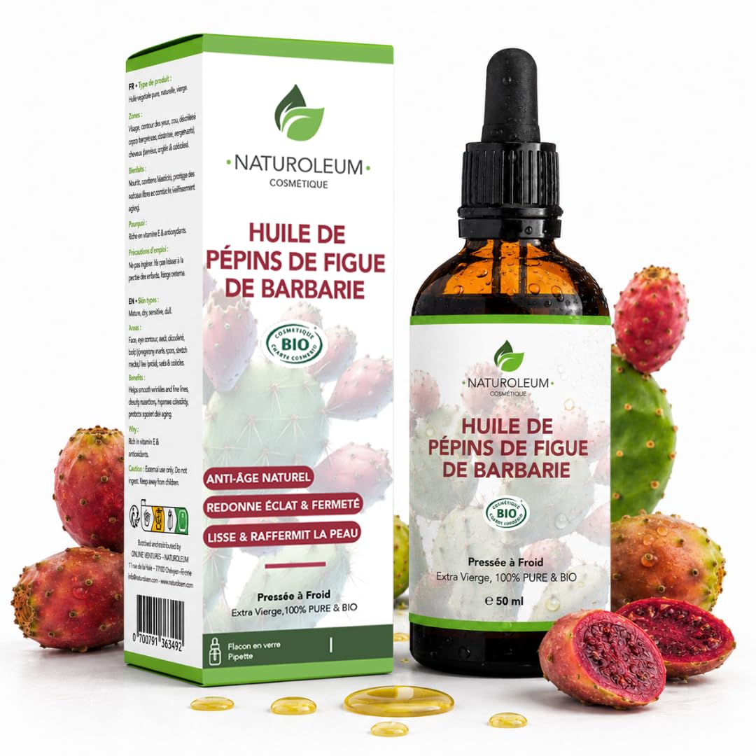 Bio Kaktusfeigenkernöl, 50 ml – Pipette – Glasflasche – 100% rein, natürlich, kaltgepresst – Bio-Kaktusfeigenöl, Anti-Aging und Anti-Augenringe