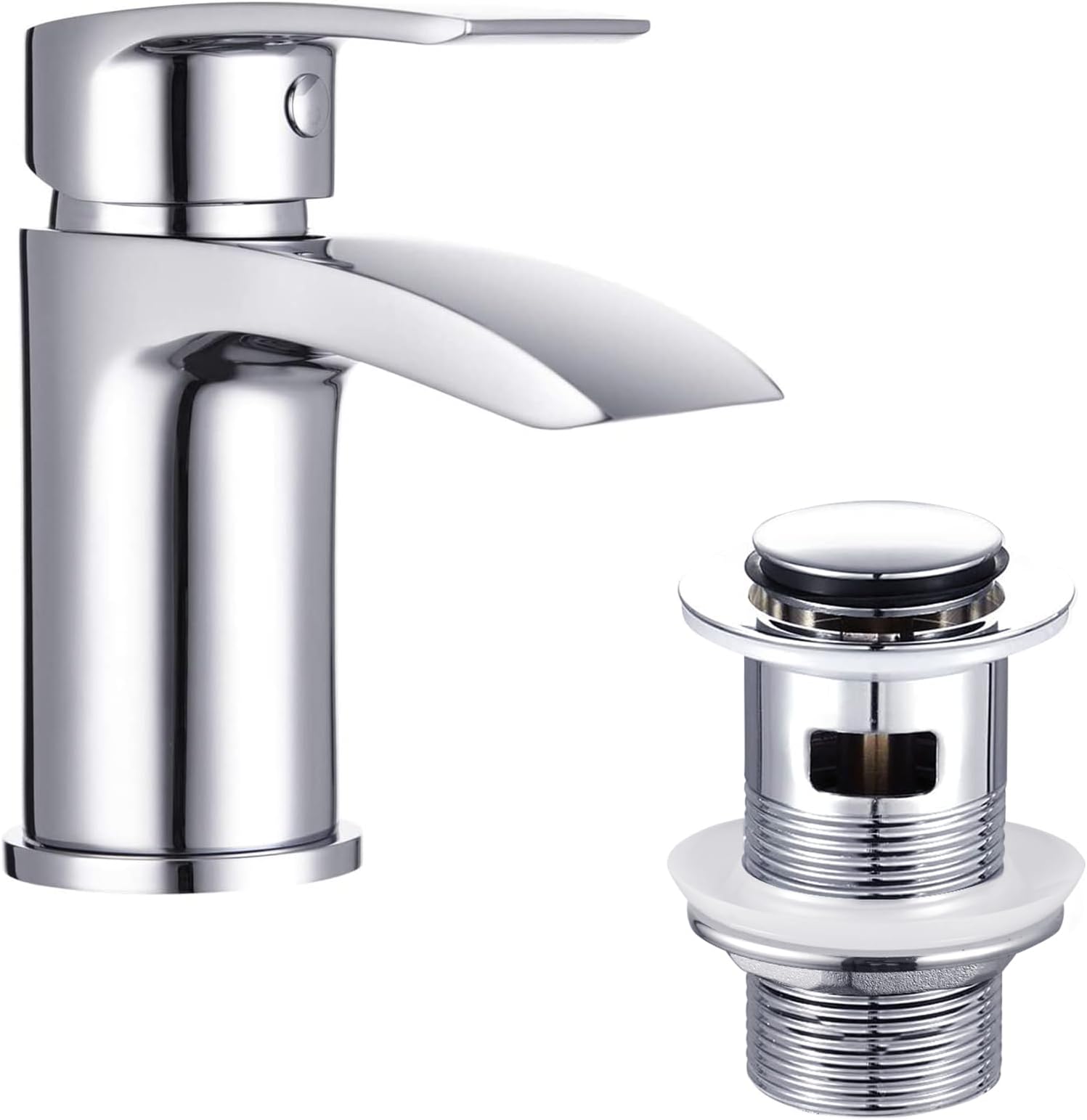 Funime Basin Taps Mixer Waterfall Bathroom Sink Tap Mixers Mono Chrome with Pop up Waste Slotted Brass Single Hole Monobloc with Hoses G1/2'' Modern Round Cloakroom Faucet with Click Clack Plug Waste
