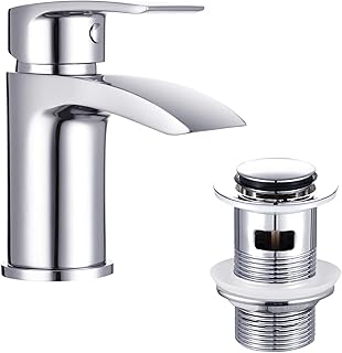 Basin Taps Mixer Waterfall Bathroom Sink Tap Mixers Mono Chrome with Pop up Waste Brass Single Hole Monobloc with Hoses G1/2\'\' Modern Round