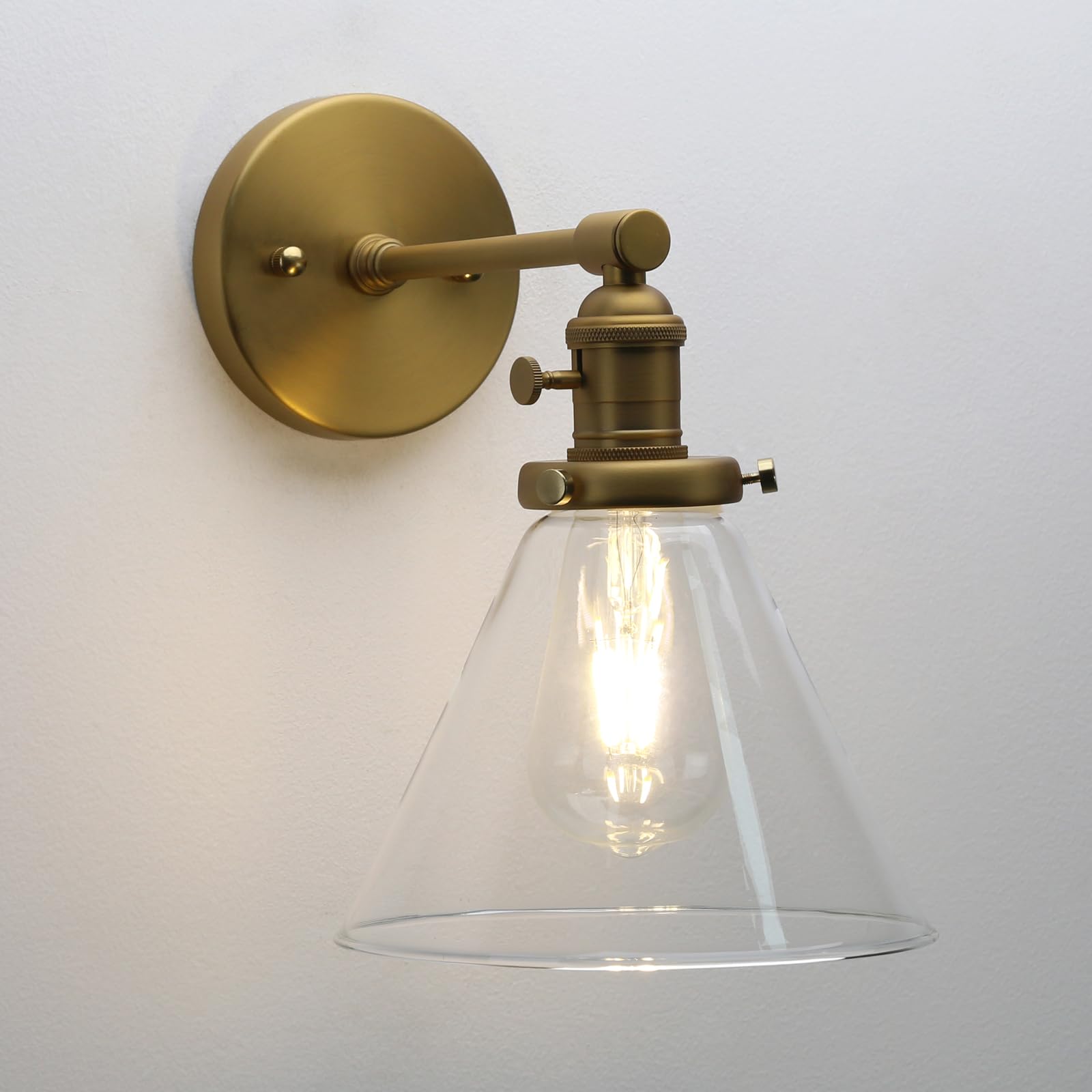 Phansthy Antique Edison Industrial Wall Light, E27 Vintage Glass Wall Lamp With Switch, Brass Finish Wall Lighting Fixtures Suitable For Living Room, Bedroom, Hallways, Kitchen, Dining Room (Antique)