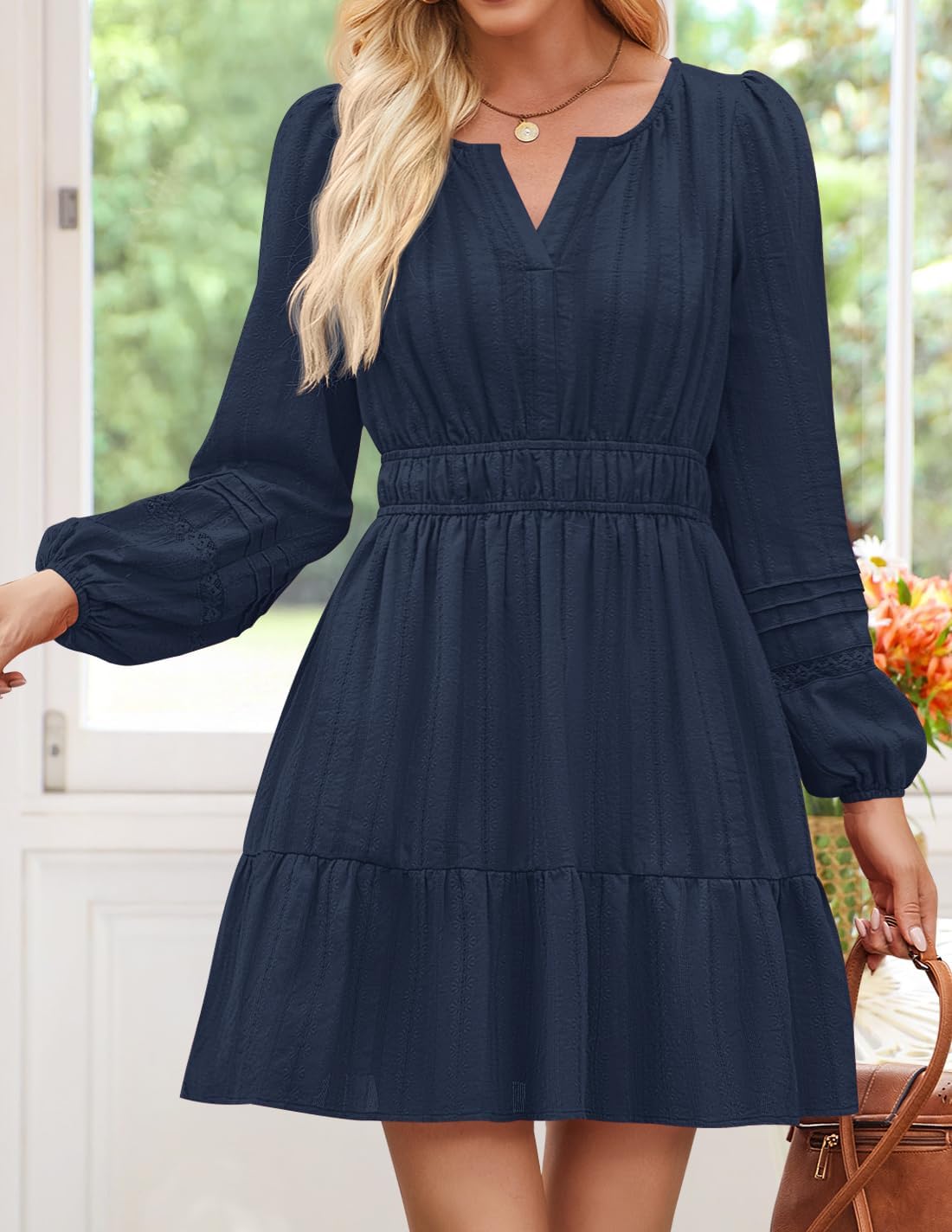 ZESICA Long Sleeve V Neck Mini Dresses for Women 2026 Spring High Waist Ruffle Pleated A Line Cocktail Party Short Dress - Image 5