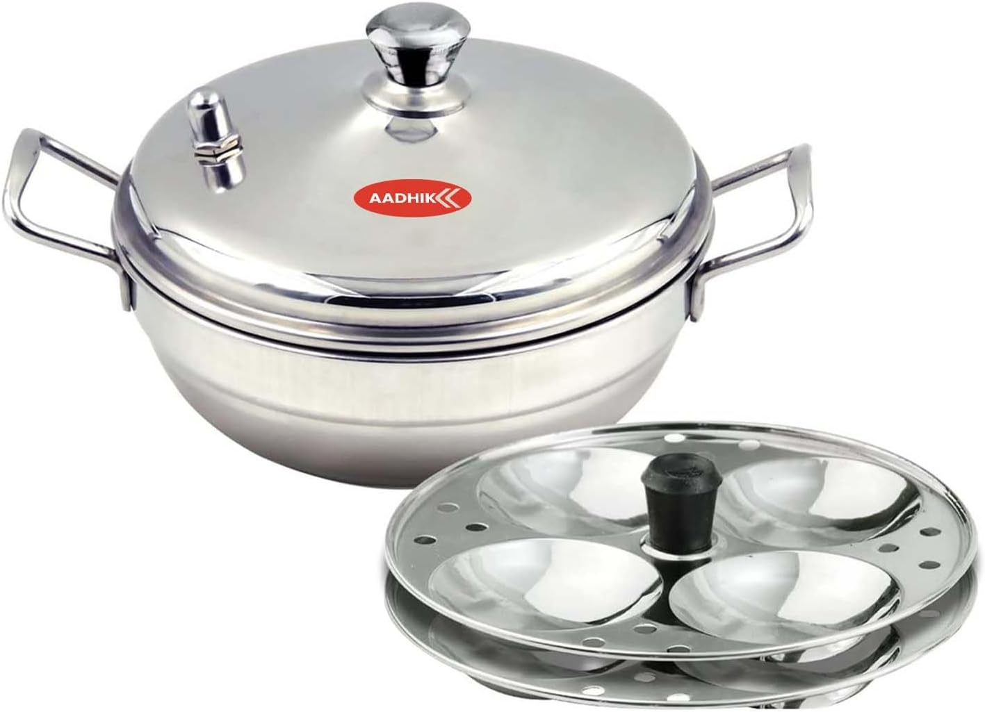 Aadhik Stainless Steel Multi Purpose Kadai with Steel Lid, Idli Maker 2 Idli Plate 8 Cavity Idli Cooker Stainless Steel Idly Pot with Steamer, Silver