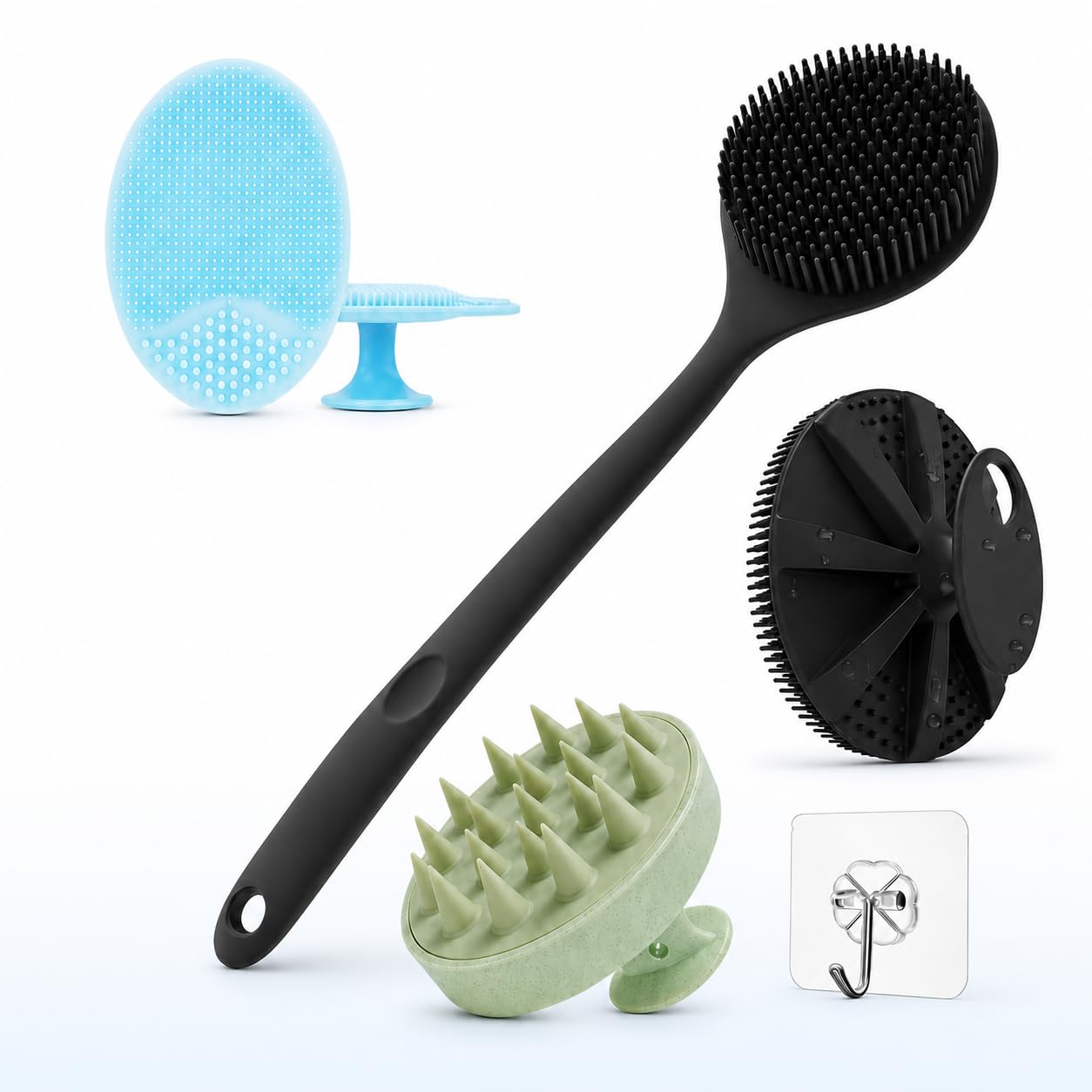 4-in-1 Bath Brush Set for Men & Women | Long Handle Back Scrubber, Silicone Body Scrubber, Scalp Massager & Handheld Bath Brush with Adhesive Hanging Hook | Bathing Accessories Combo-image-16