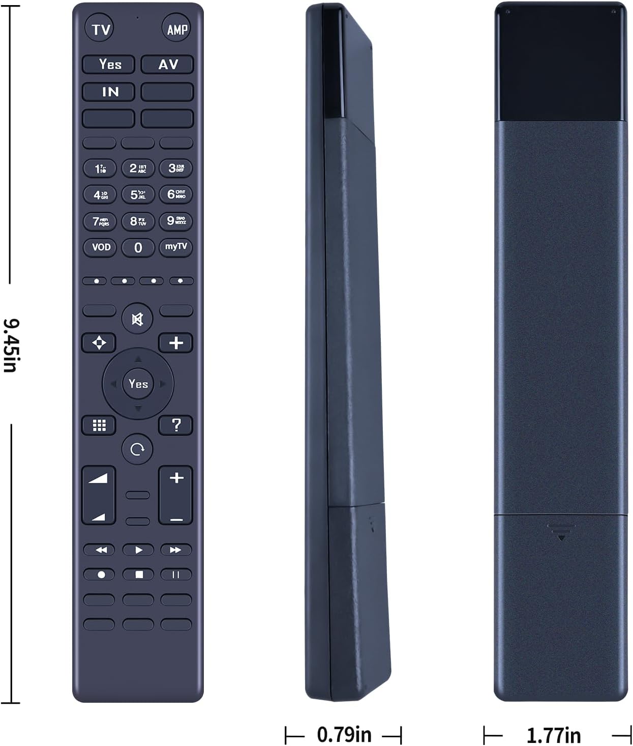 Image showing the dimensions of the remote control from front, side, and top views.