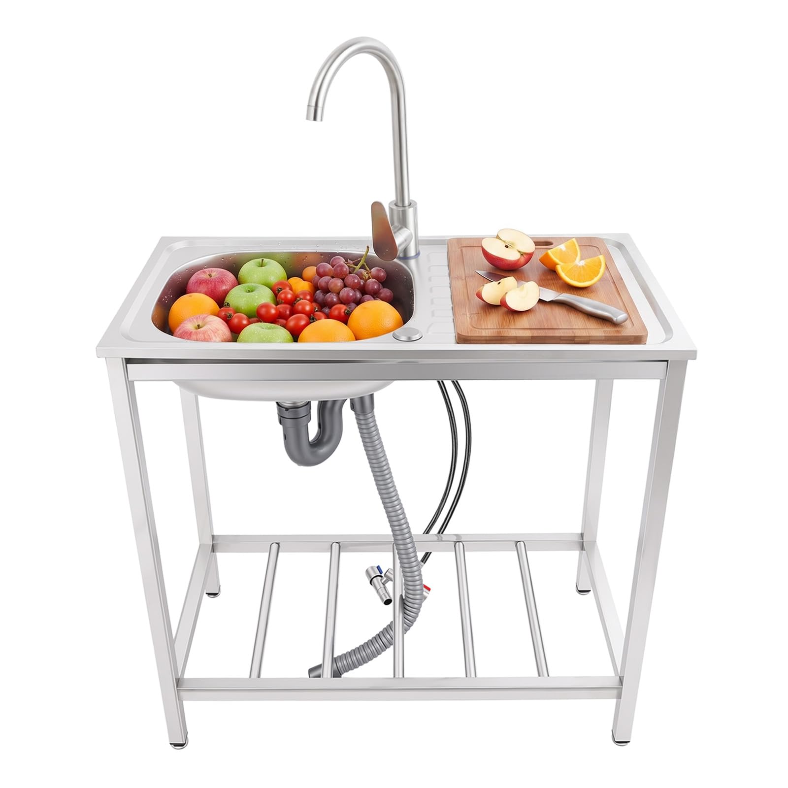 Zlewozmywak kuchenny ze stali nierdzewnej, organizer z ciepłą zimną wodą, wolnostojący zlew do użytku na zewnątrz, nośność 40 kg, do pralni, ogrodu, garażu
