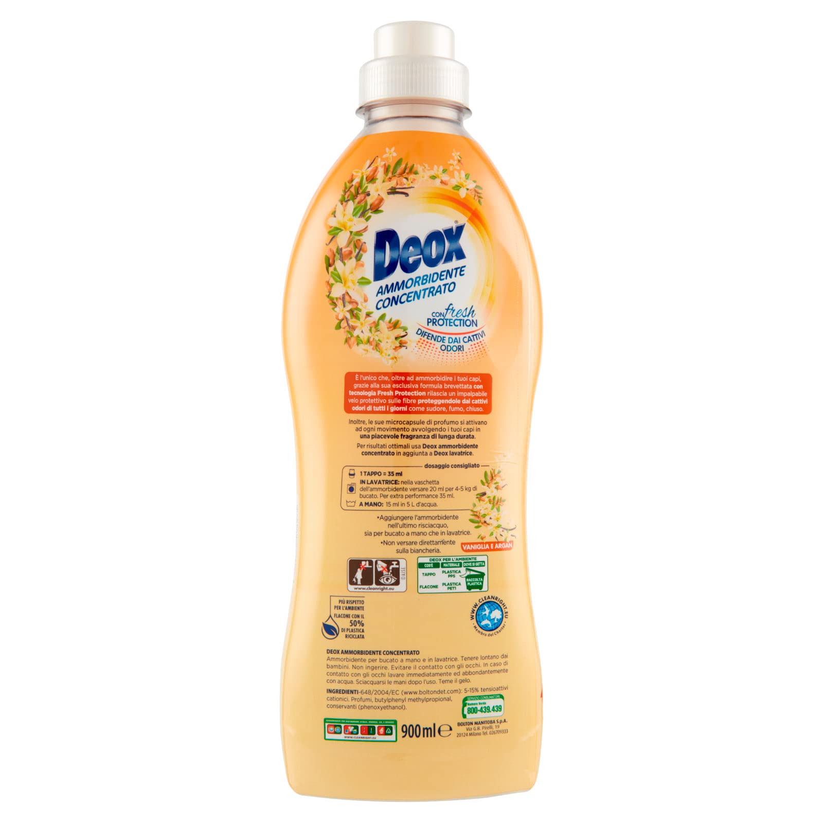 Deox - Ammorbidente Lavatrice Concentrato, Capi Morbidi e Profumati, con Tecnologia Fresh Protection, Fragranza Vaniglia e Argan, 45 Lavaggi x 8 Confezioni