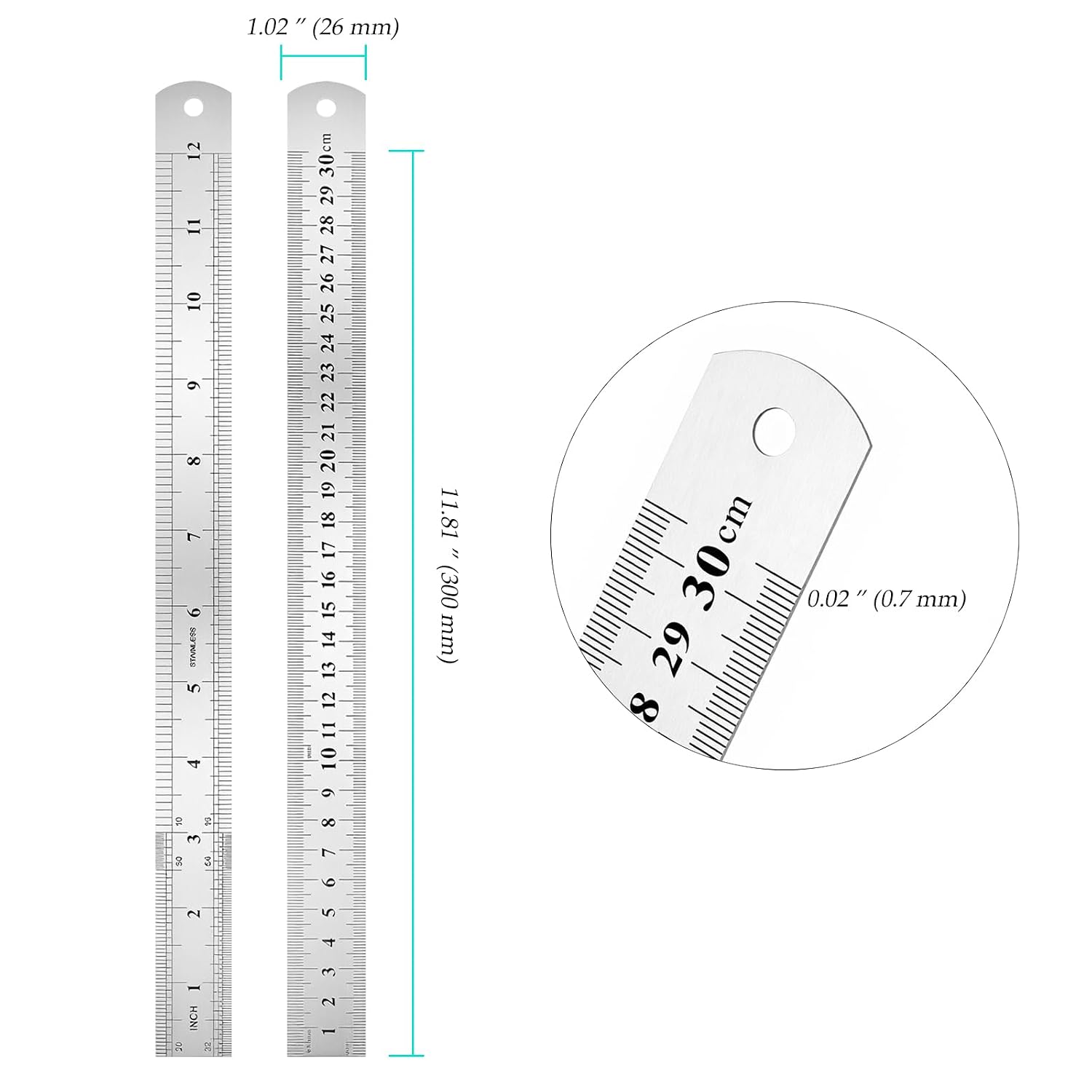 30 Pack 12 Inch Stainless Steel Ruler, 30cm Metal Metric Measurements Straight Edge Rulers for Drawing, Measuring, Craft Projects, Silver