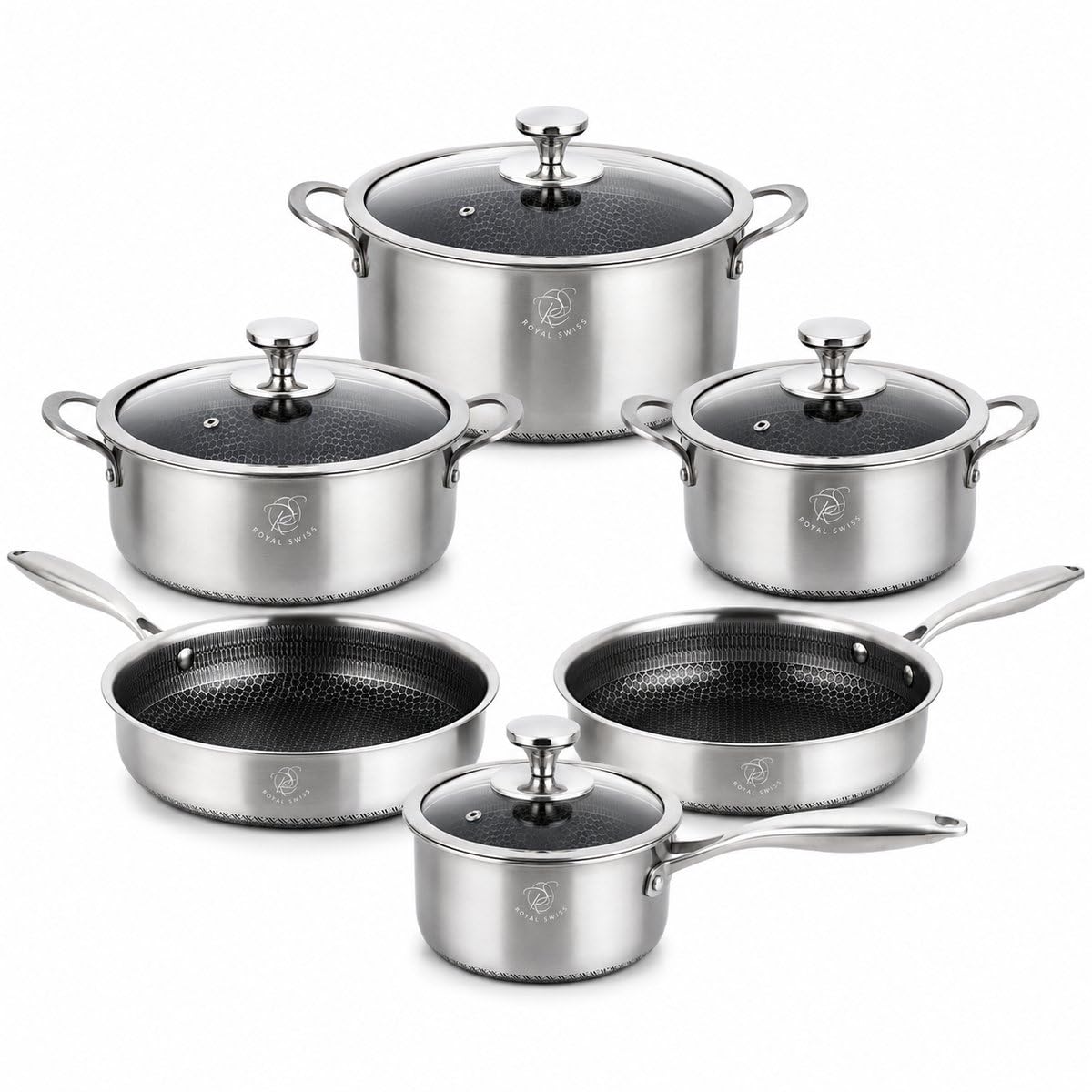 Royal Swiss Pfannenset Edelstahl 12-teilig, Kochgeschirrset mit Honeycomb Antihaftbeschichtung, 3 Töpfe, 3 Pfannen, Wok, Glasdeckel, Induktion Gas Elektro Ceran, sets cookwear, non stick toxic, cool