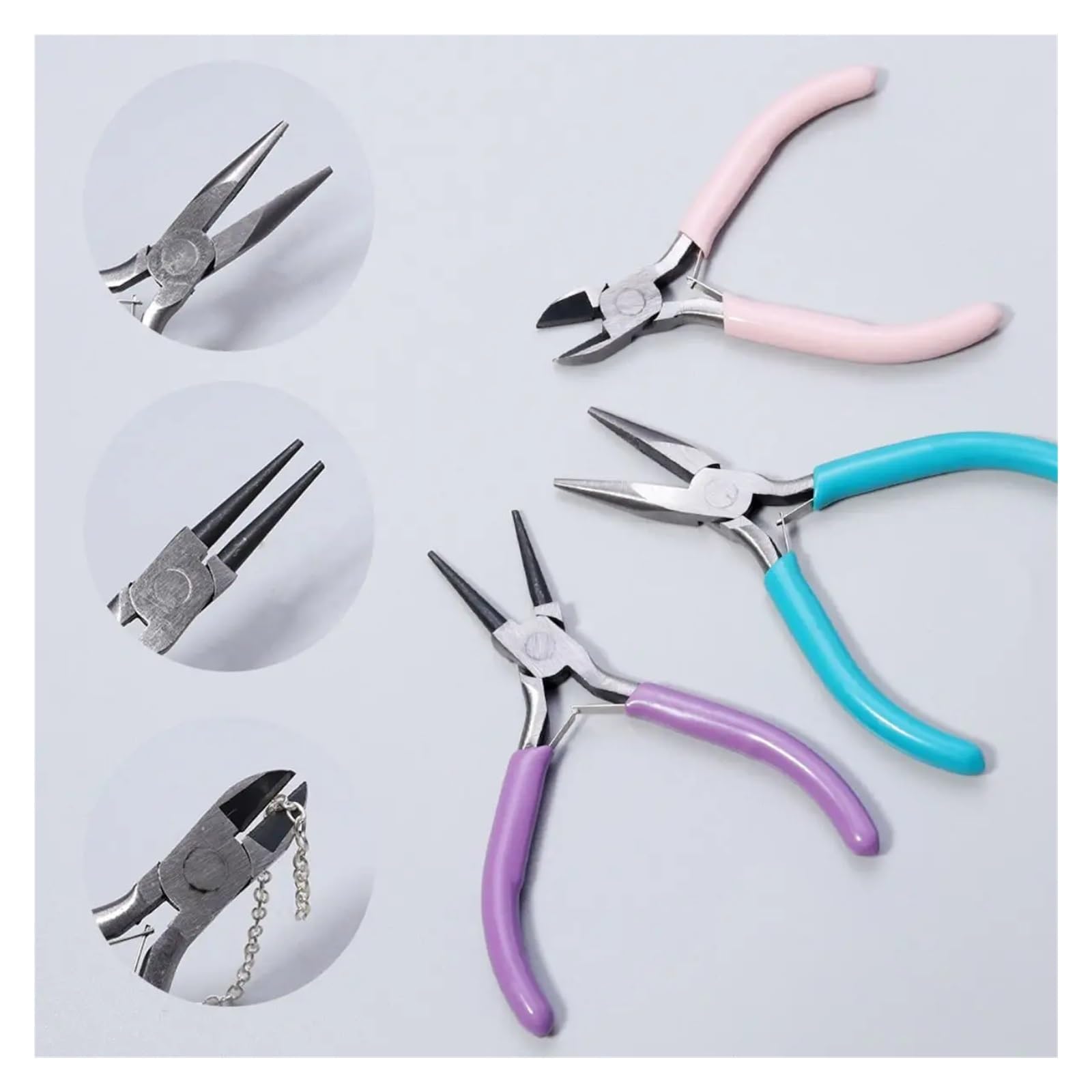 PezziPinze per Creazione Gioielli Set di pinze in metallo portatile a 3 colori, a becco tondo, pinzette, kit for lavori artigianali, perline, cucito e fai da te(5pcs)