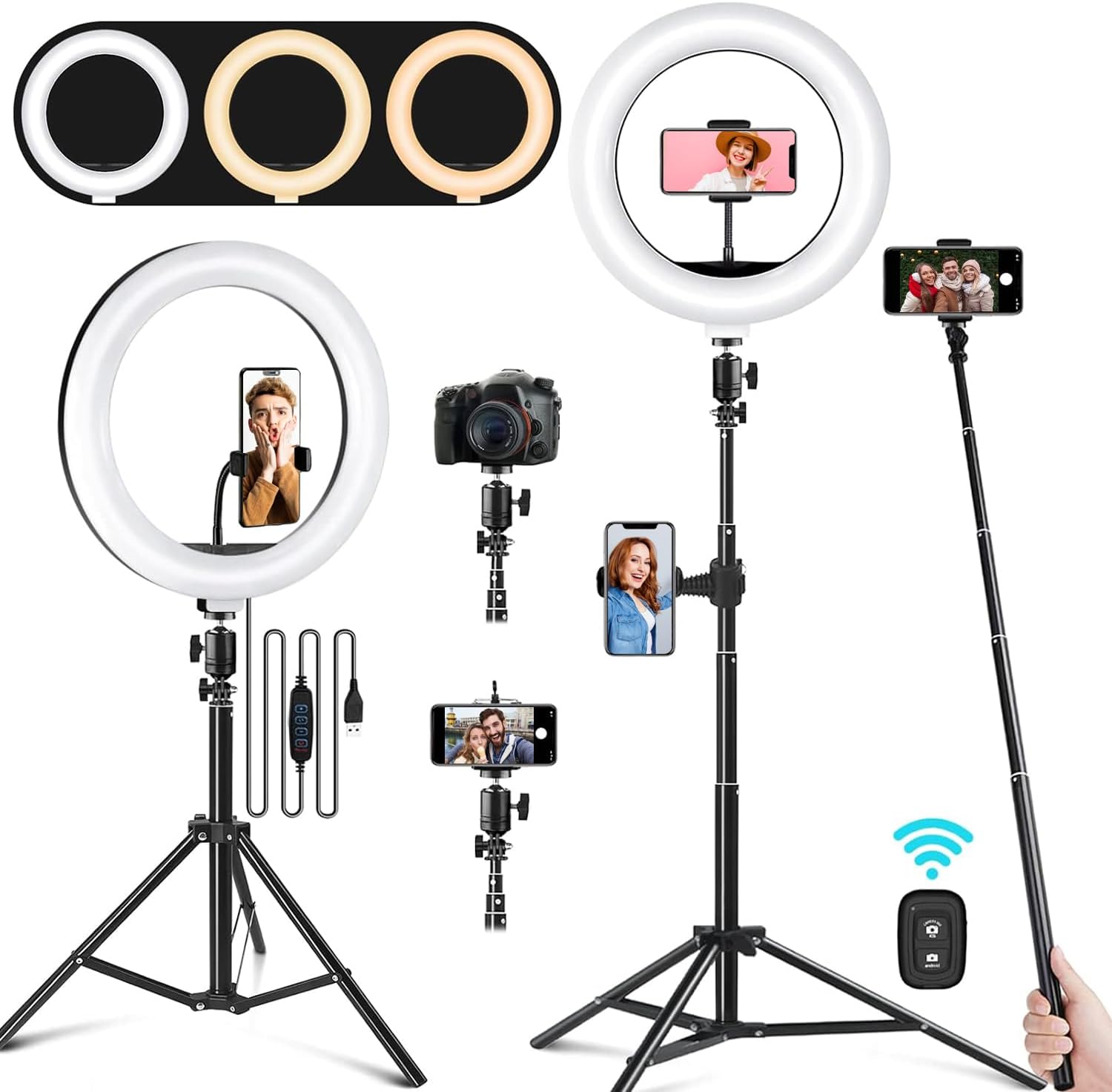 Angju LED Selfie Ring Light with Stand, 26cm Selfie Ring Light with 172cm Adjustable Tripod Stand, Dimmable LED Ring Light Kit for Tiktok/YouTube/Makeup/Photography,Selfie Stick and Ring Light 2 in 1