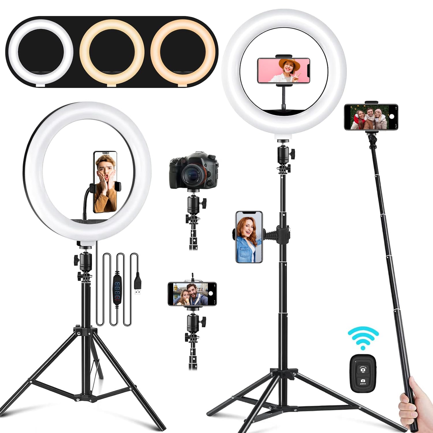 Angju LED Selfie Ring Light with Stand, 26cm Selfy Light with 172cm Adjustable Tripod Stand, Dimmable LED Ring Light Kit for Tiktok/YouTube/Makeup/Photography, Selfie Stick and Ring Light 2 in 1
