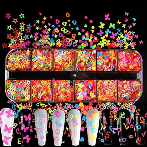 Luminous Nail Glitter Sequins,Butterfly Nail Art Stickers Decals Holographic Fluorescent Flower Butterflies Star Letter Heart Nail Art Glitters Sparkle, for Acrylic Nails Decoration Supplies 12 Colors