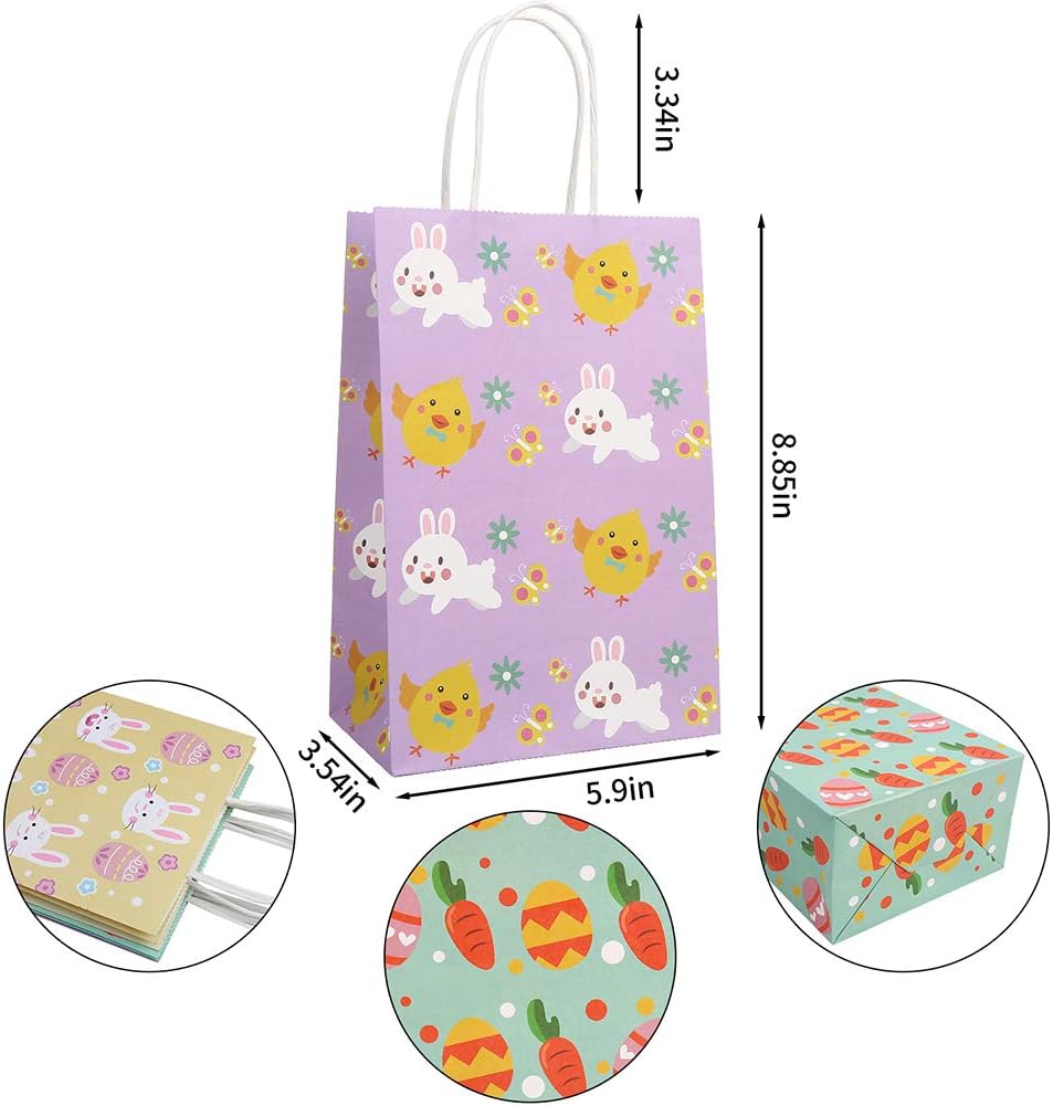 CCINEE イースターギフトバッグ 12個 バニー クラフト紙 おやつバッグ ハンドル付き 卵 ひよこ キャンディバッグ 子供用