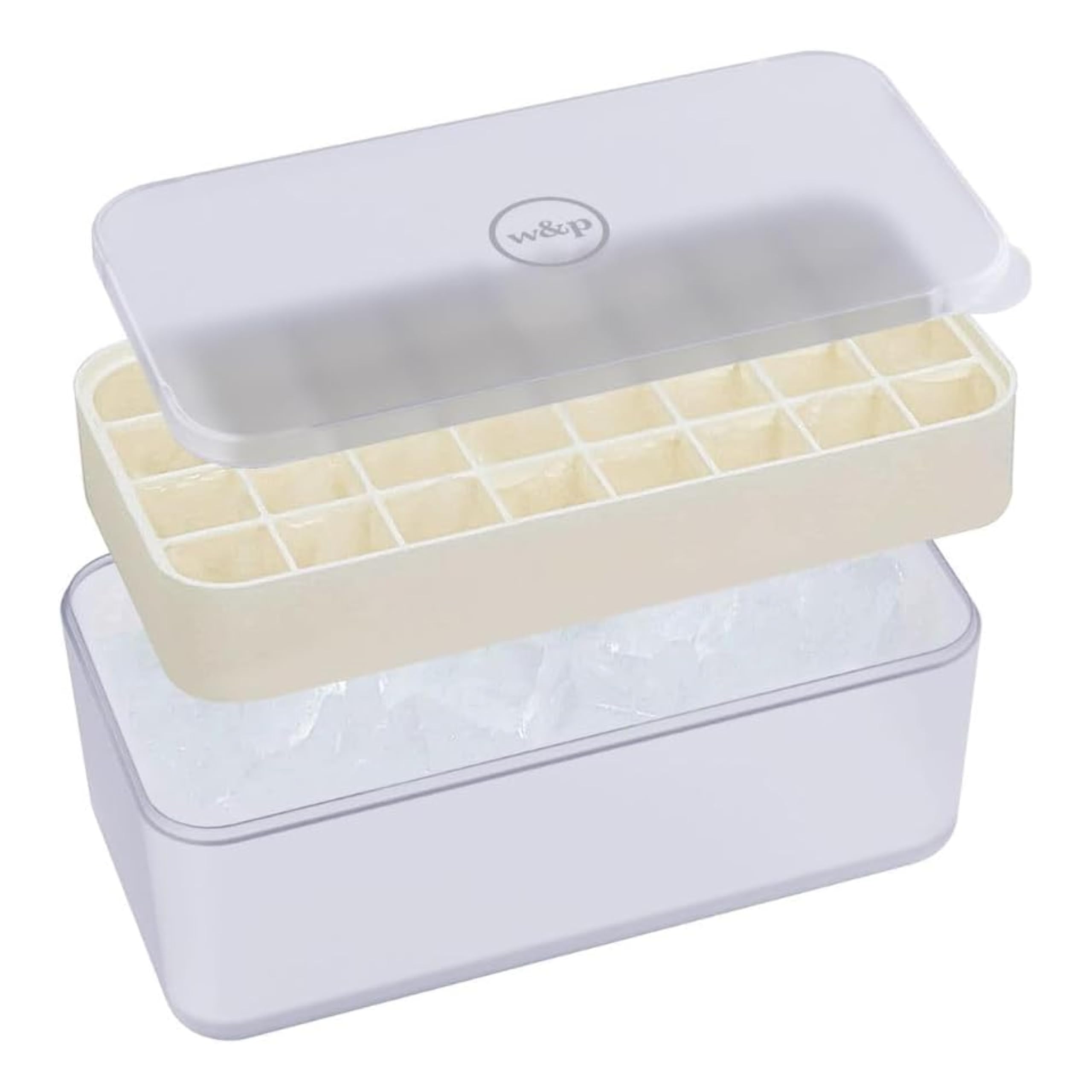 W&P Ice Box Silicone Ice Cube Tray with Lid & Bin, Holds 96 Cubes, Easy Release, Space-Saving Stackable Design, Dishwasher Safe, Cream, Large