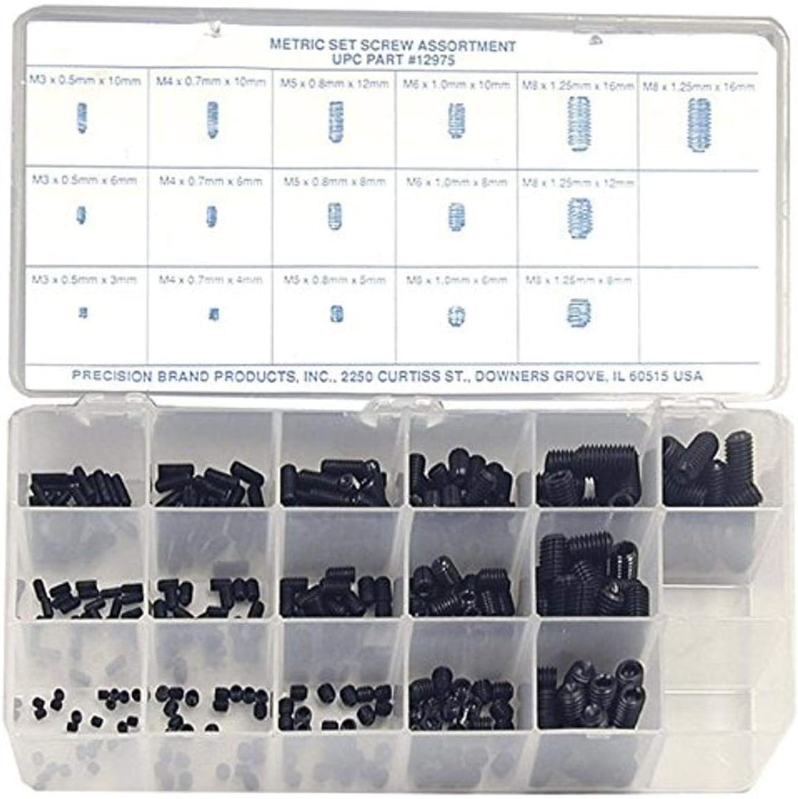 Alloy Steel Set Screw Assortment with Internal Hex Drive and Cup Point (375 Pieces), Plain Finish, Metric, With Case
