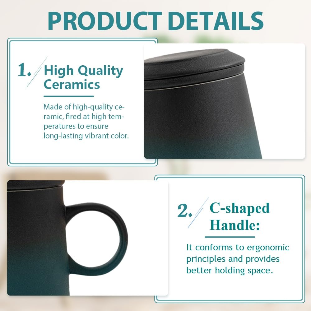 ADERTOS Tazza da Tè in Ceramica con Filtro e Coperchio 375 ml Tazza in Ceramica Tazze da Te con Infusore in Acciaio Inossidabile per l'ufficio e la Casa, con Scatola Regalo
