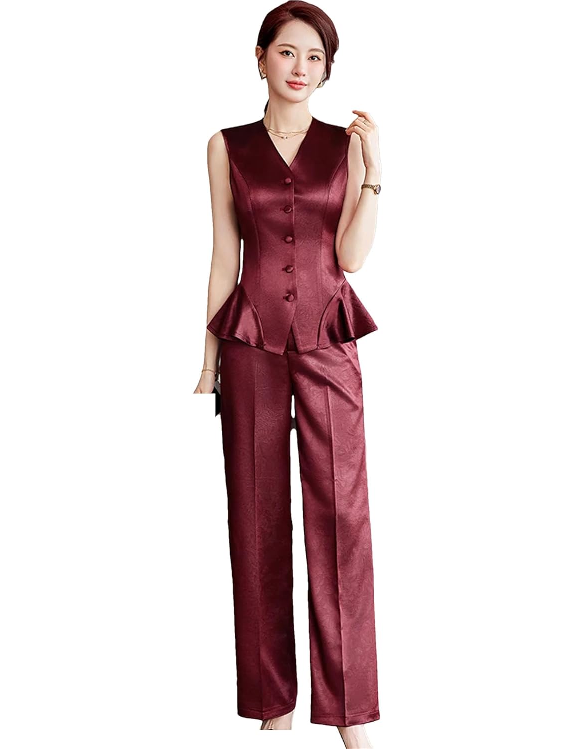 Women Sleeveless Single Breasted Blazer Vest and Ankle-Length Pants 2-Pieces Set for Office Work Wear