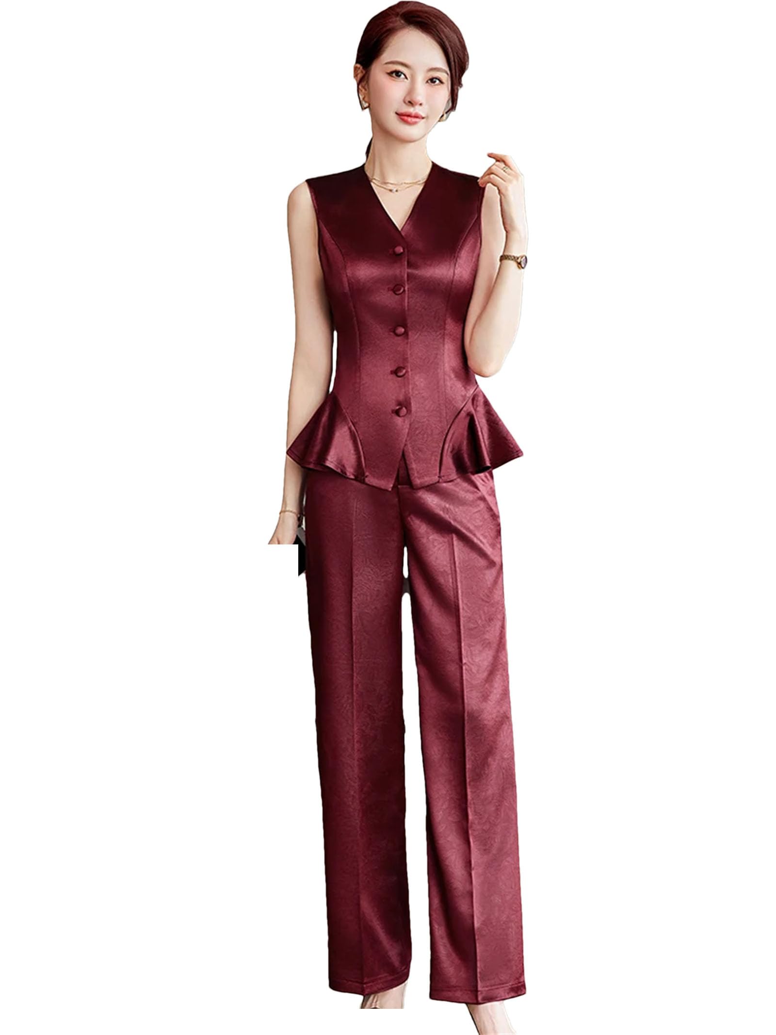 Women Sleeveless Single Breasted Blazer Vest and Ankle-Length Pants 2-Pieces Set for Office Work Wear