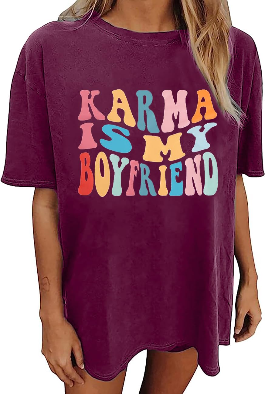 MYCHTEKarma is My Boyfriend Shirt Women Oversized Country Music T Shirt Vintage Letter Print Concert Tees Singer Fans Gift