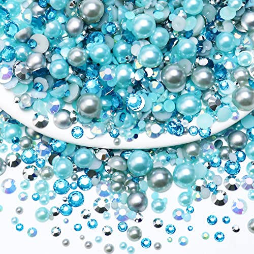 Townem 60g Mix Pearls and Rhinestones, Flatback Rhinestones and Pearls for Crafts Tumblers Shoes Nails Face Art, Mixed Sizes 2mm-10mm, Aquamarine|Silver|Gray